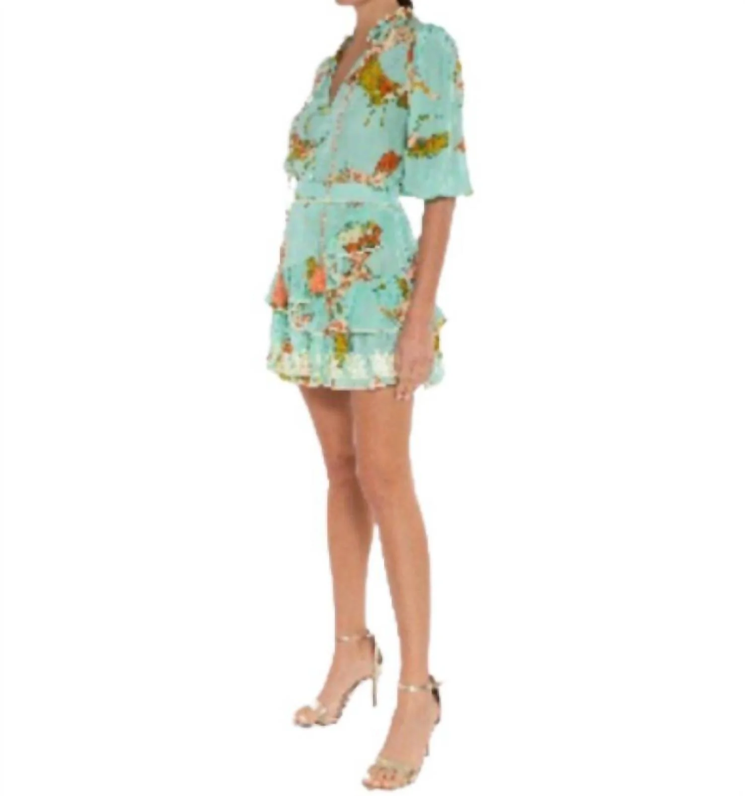 Tiered Ruffle Mini Skirt In Aqua Boho Birds