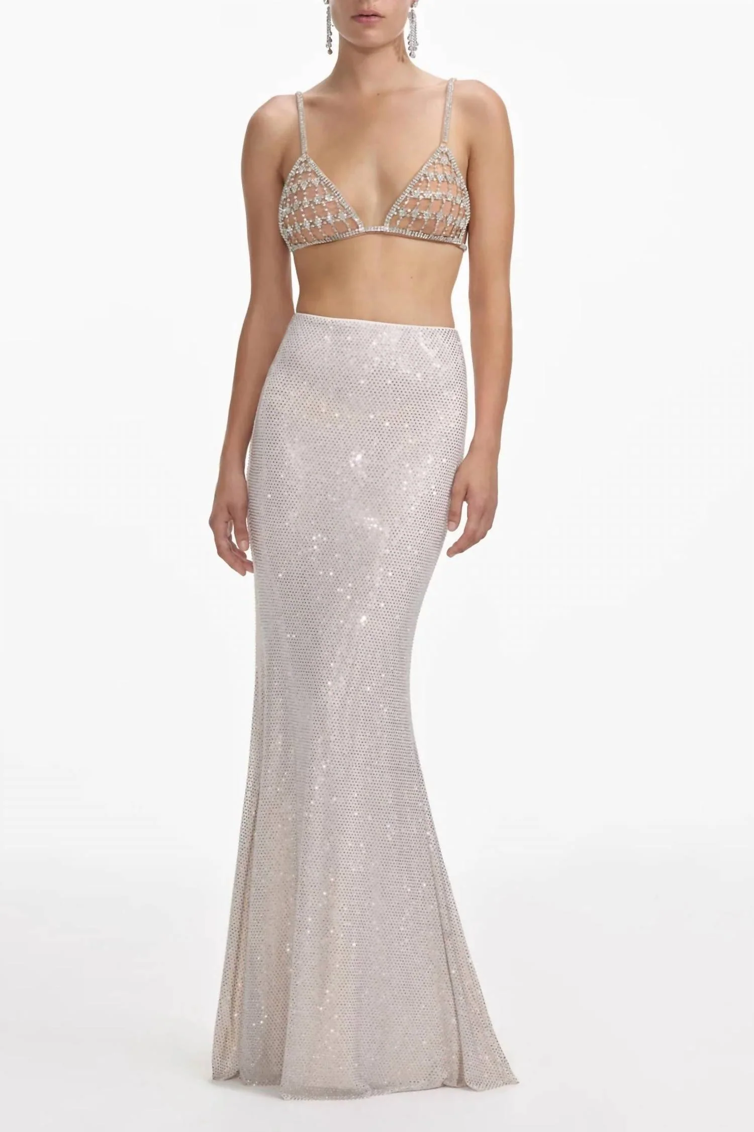 Rhinestone Mesh Maxi Skirt In Silver