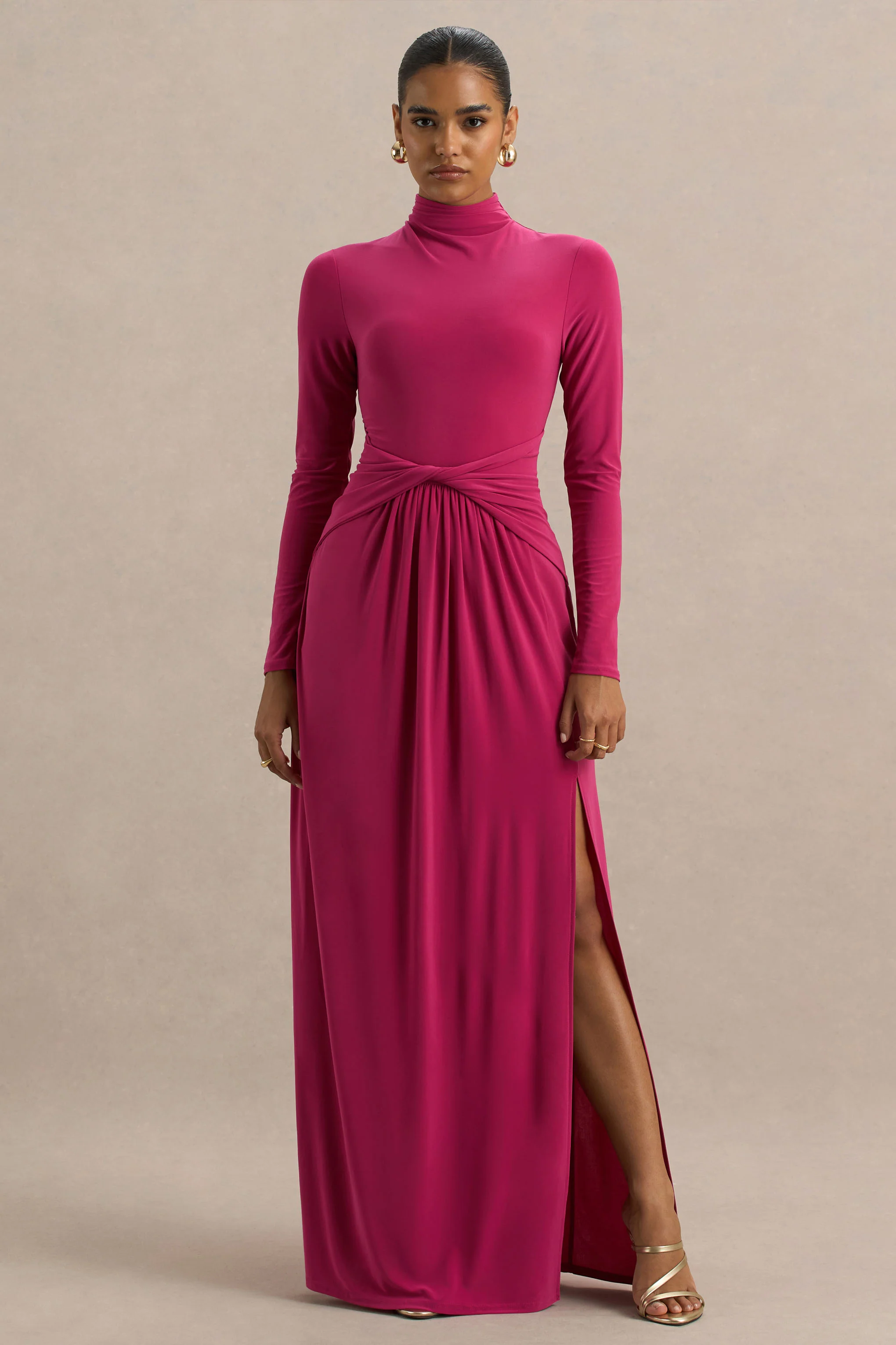 Hourglass | Hot Pink Long-Sleeve Twisted Maxi Dress With Split