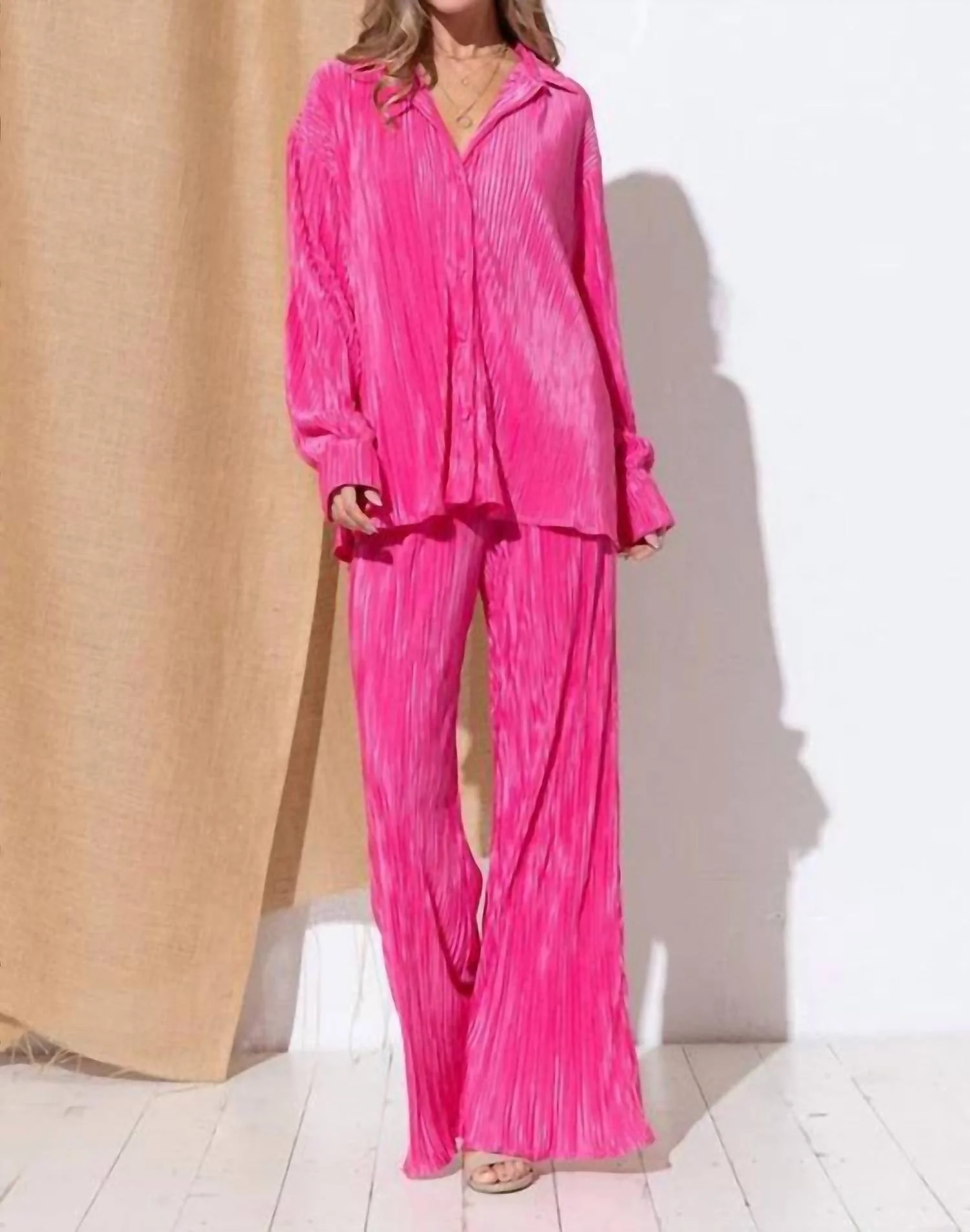 Accordion Mini Pleat Long Blouse And Pant Set In Pink