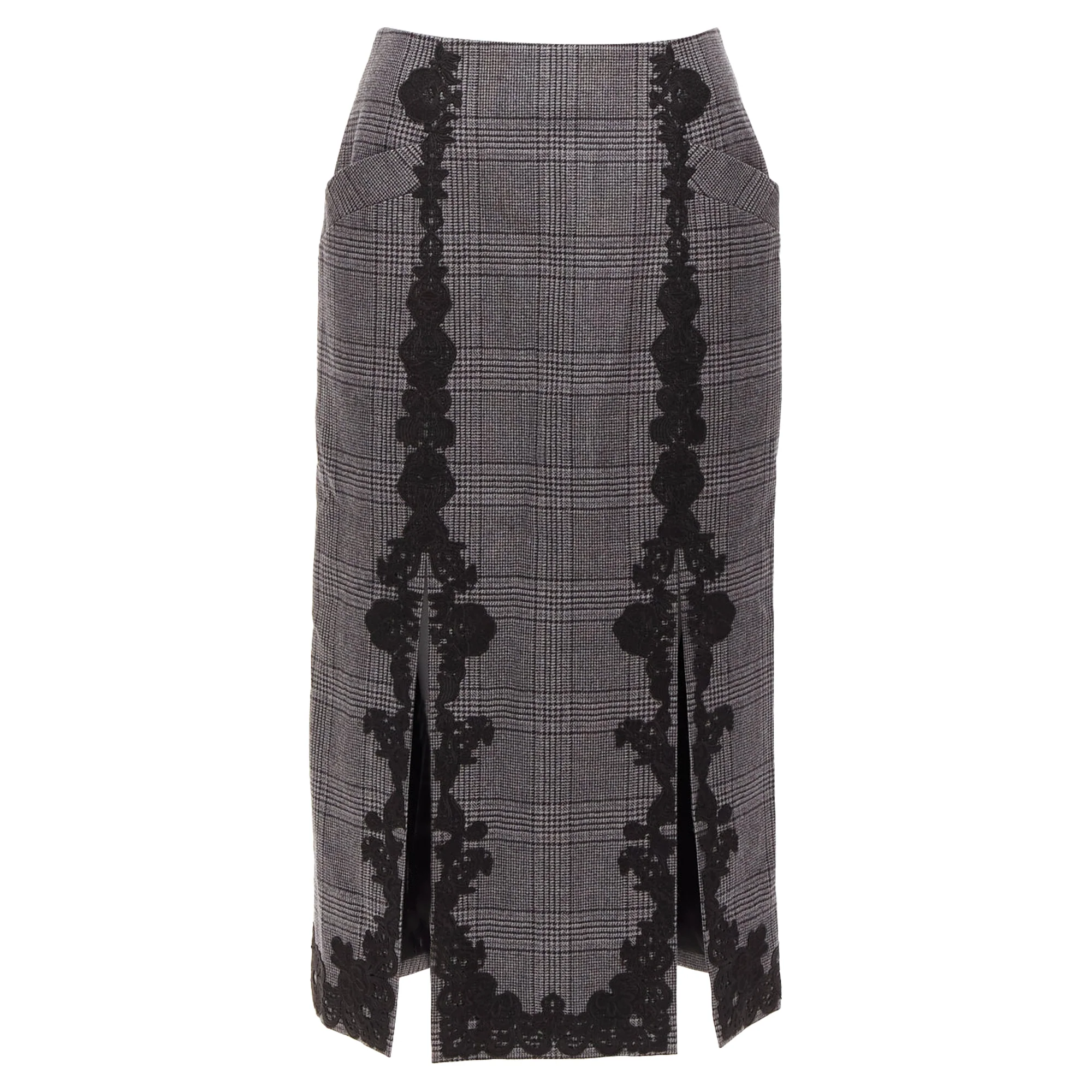 Jonathan Simkhai Wool Houndstooth Lace Applique Slit Pencil Skirt