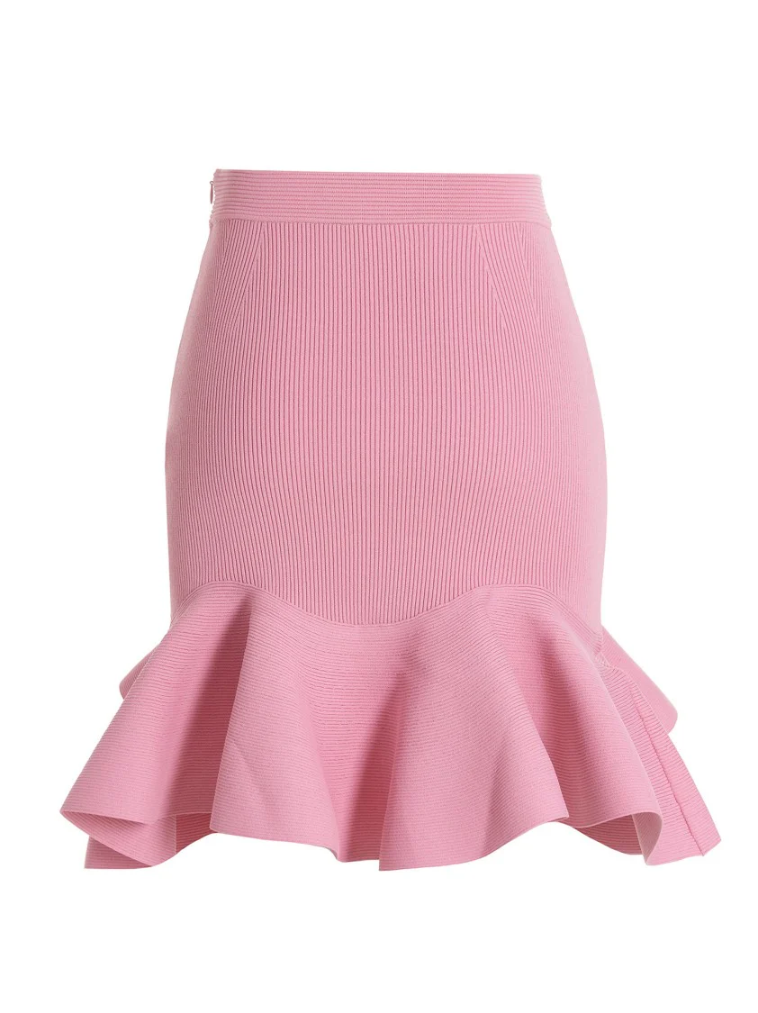 Fitted Ribbed Skirt With Flared Ruffle Hem