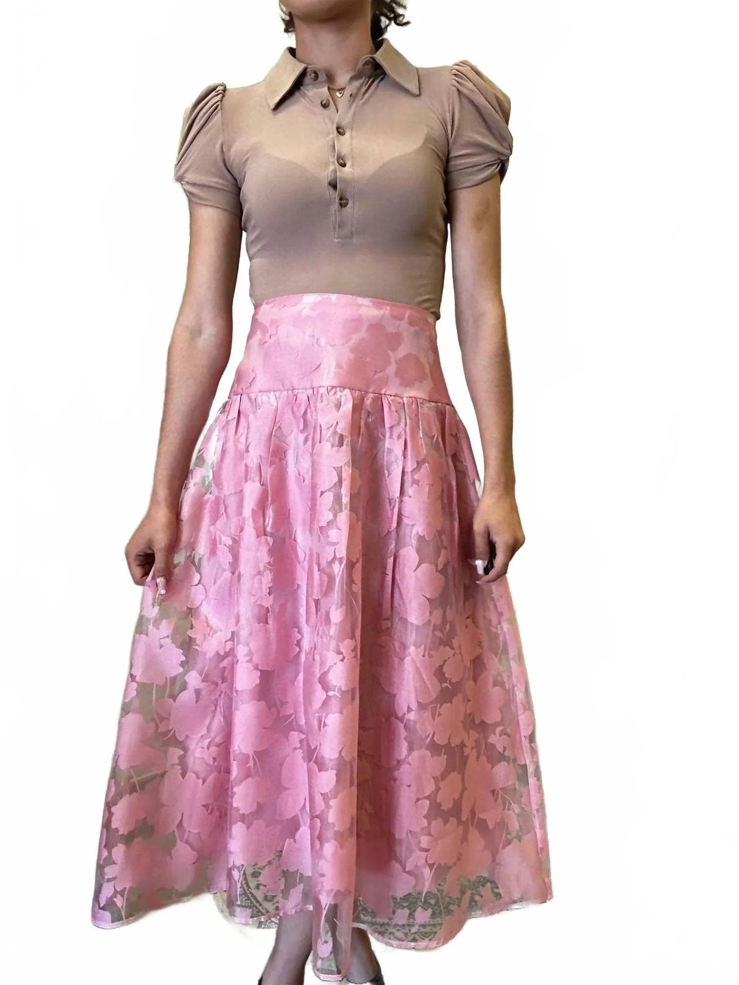 Floral Organza Midi Skirt In Dusty Pink
