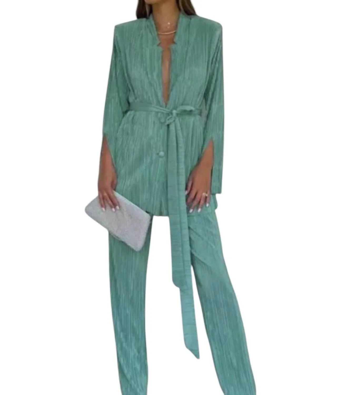 Sukianna Plisse Pants Set In Seafoam