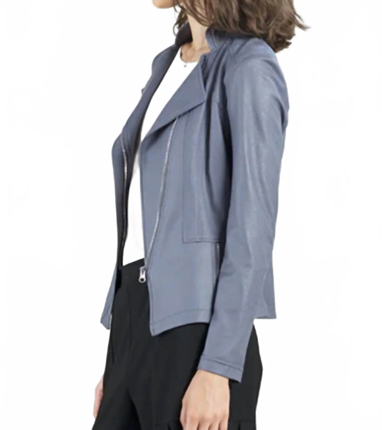 Liquid Leather Stretch Knit Signature Zip Hem Jacket In Charcoal