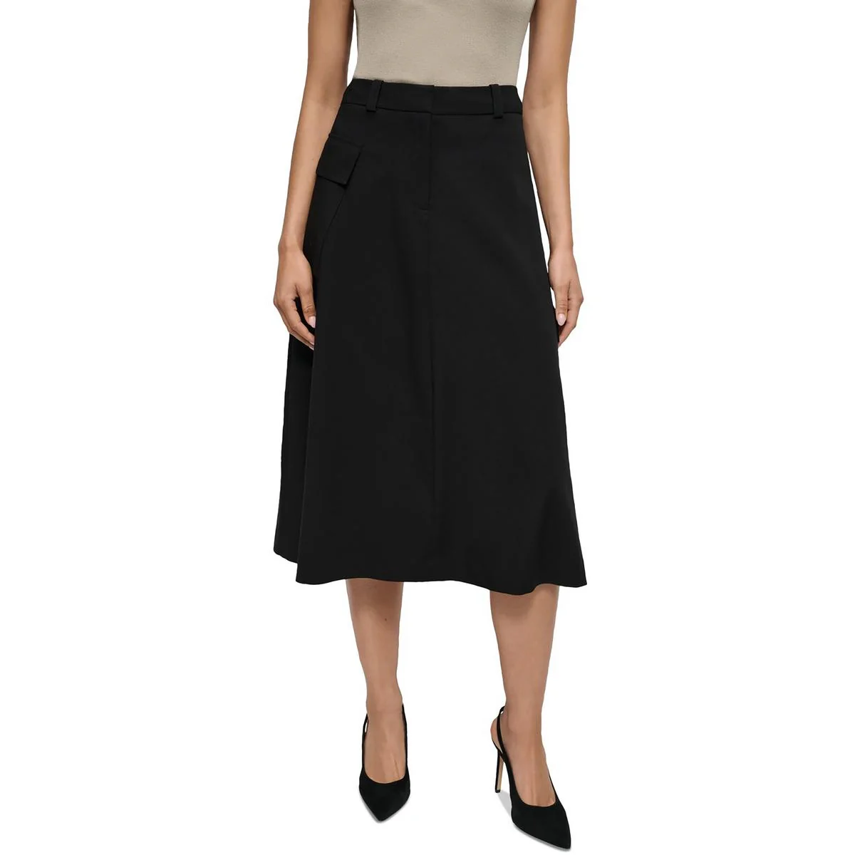 Petites Womens Pocket Polyester Midi Skirt