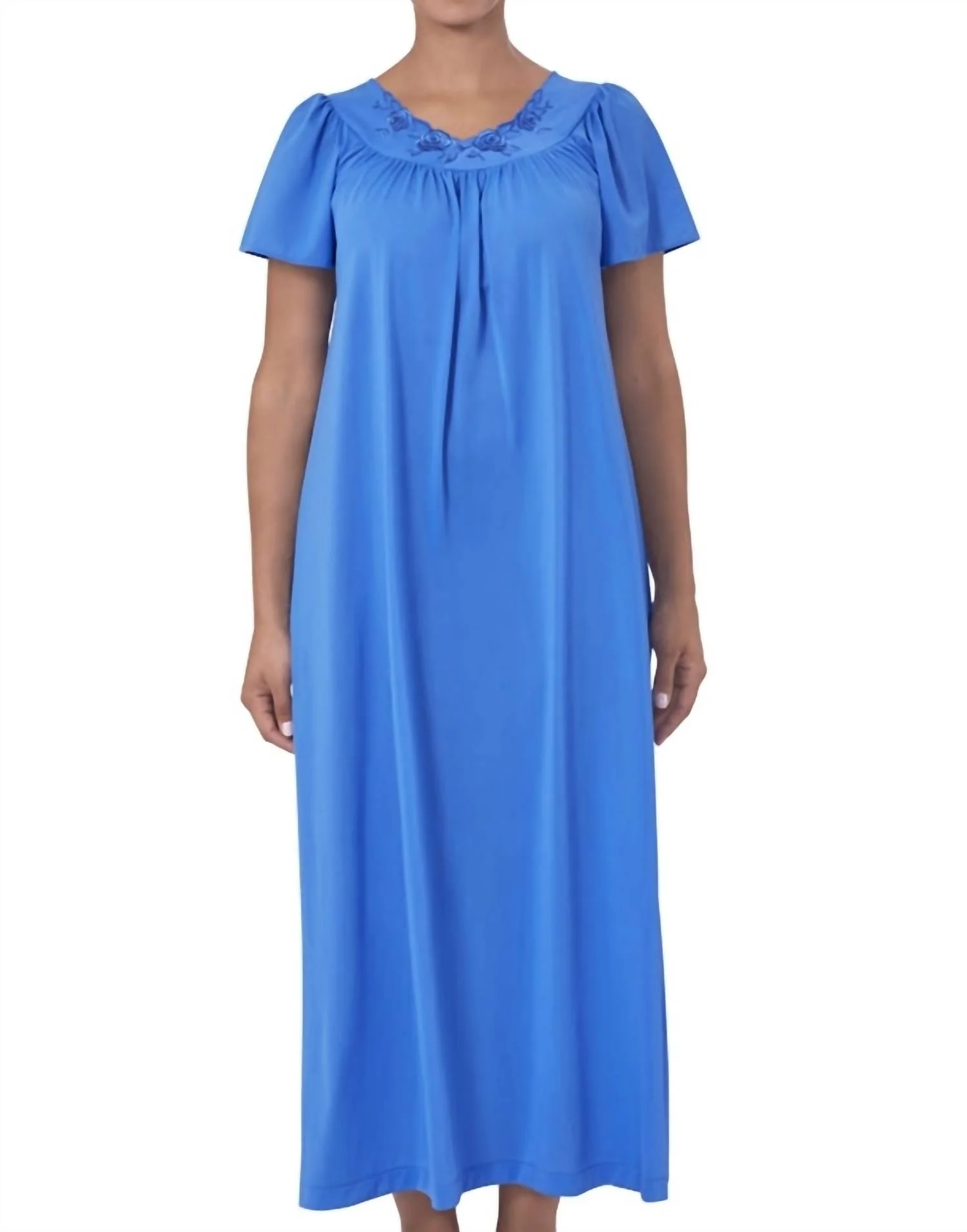 Flower Petal Embroidery And Flutter Sleeves Long Nightgown In Sapphire