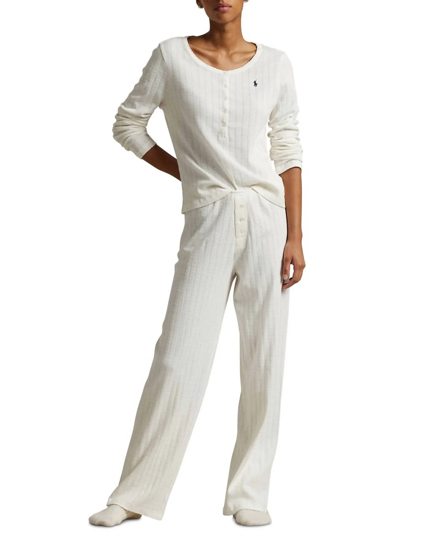 Polo Pointelle Henley Pajamas In Egret