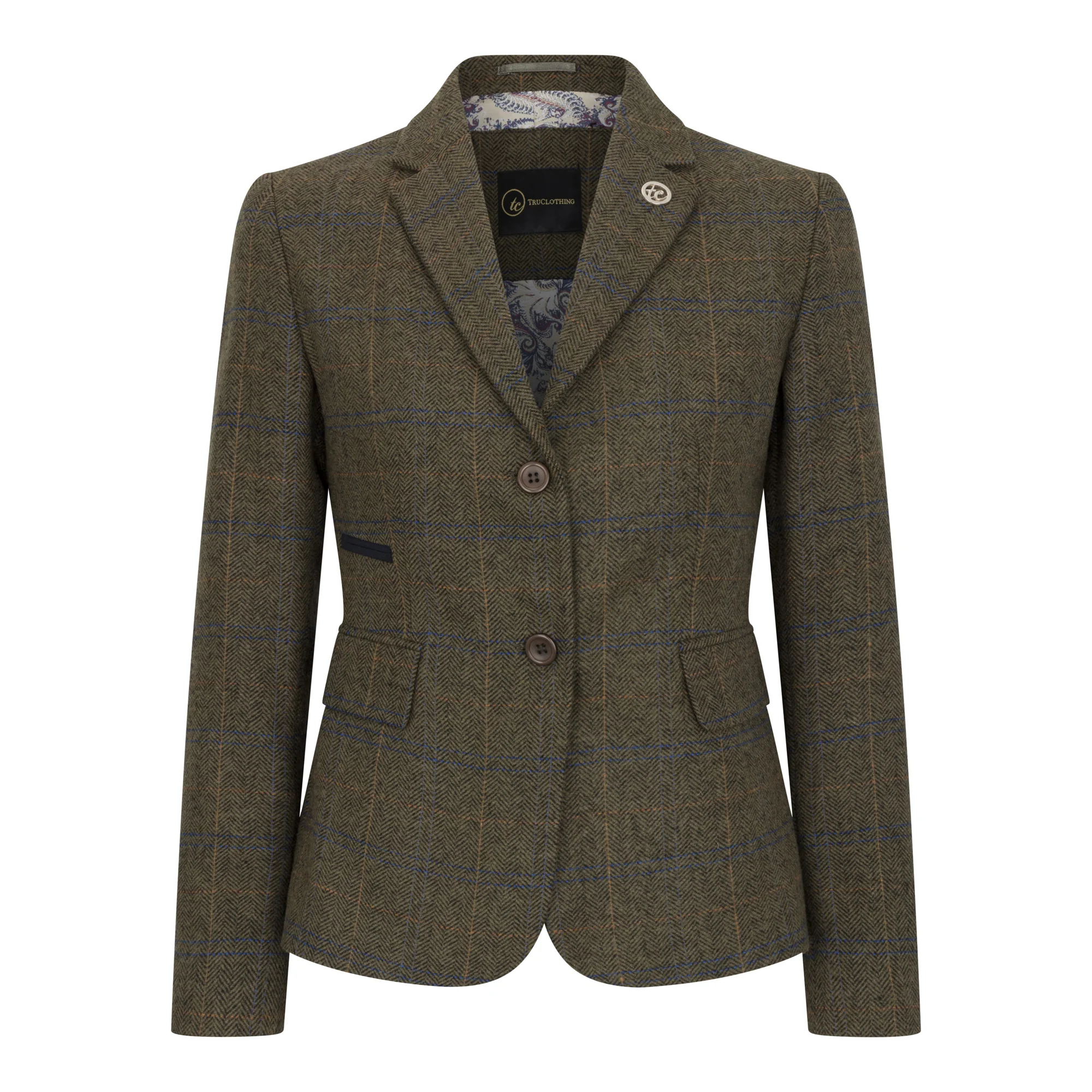 Women's Olive Tailored Fit Tweed Blazer in Herringbone Check