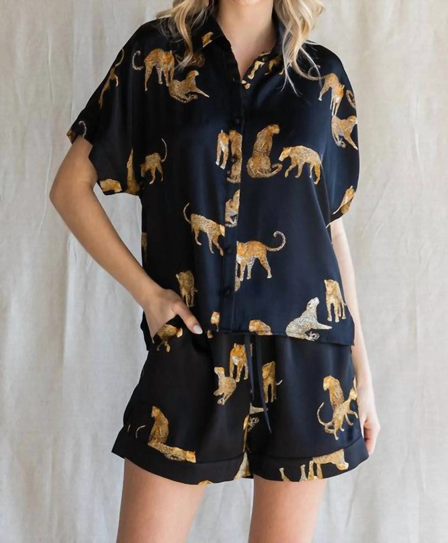 Party Animal Leopard Print Satin Set In Black