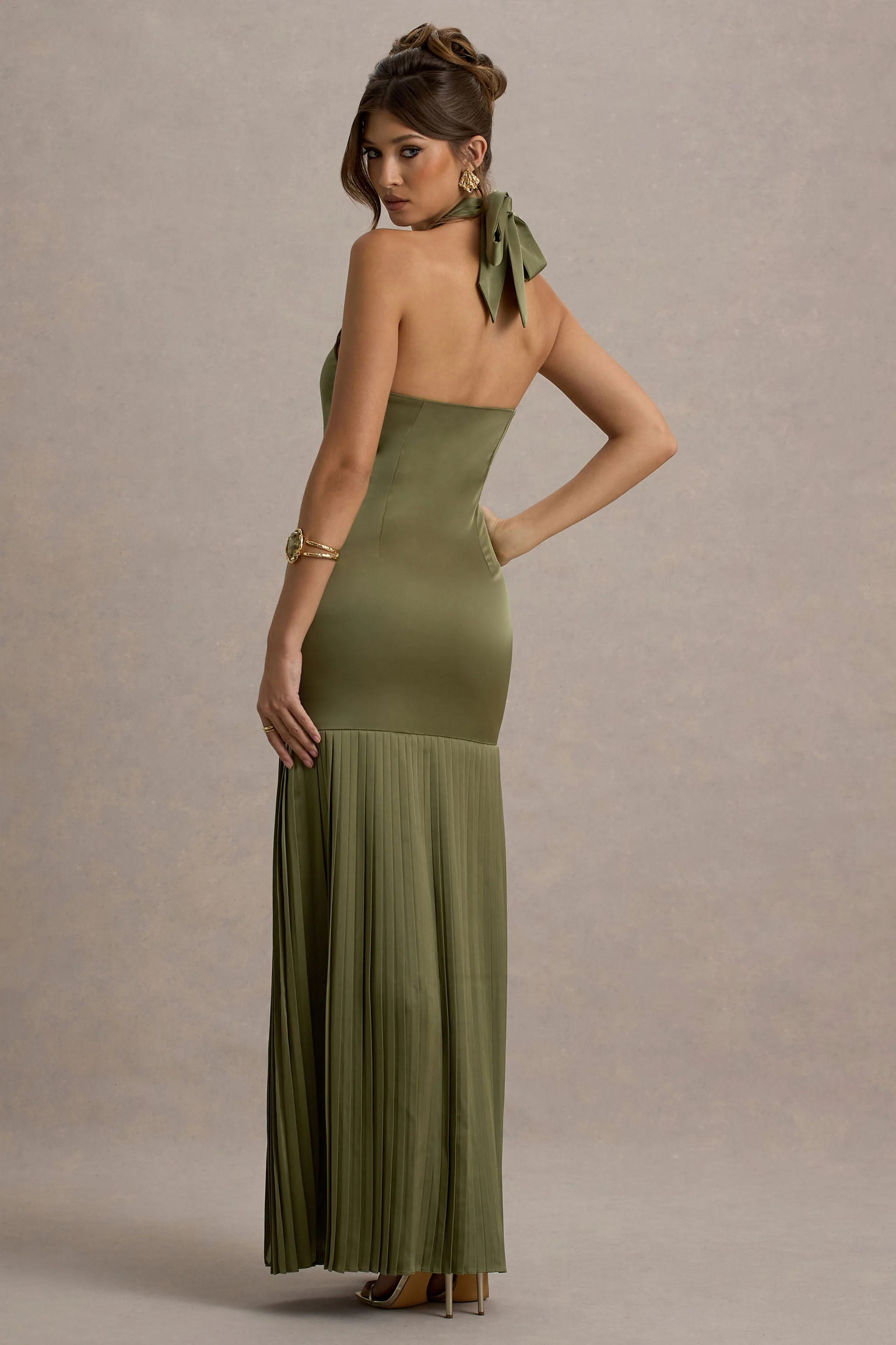 Sansa | Khaki Satin Cross Halter-Neck Plisse Maxi Dress