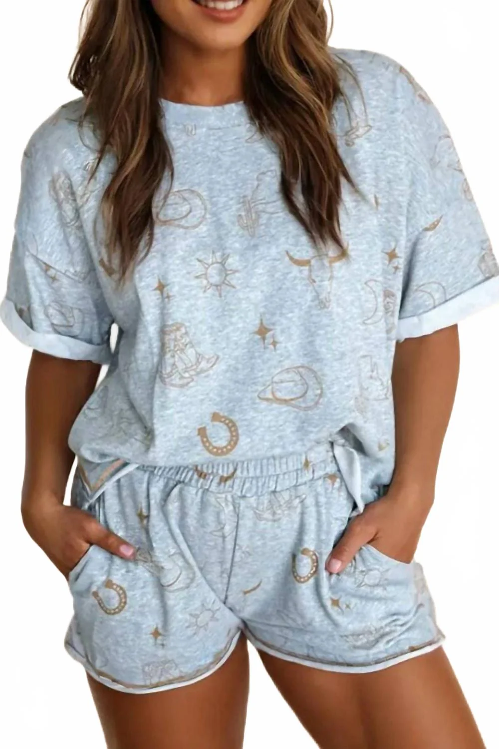 Western Fashion Printed T-Shirt And Elastic Waist Shorts Set In Blue