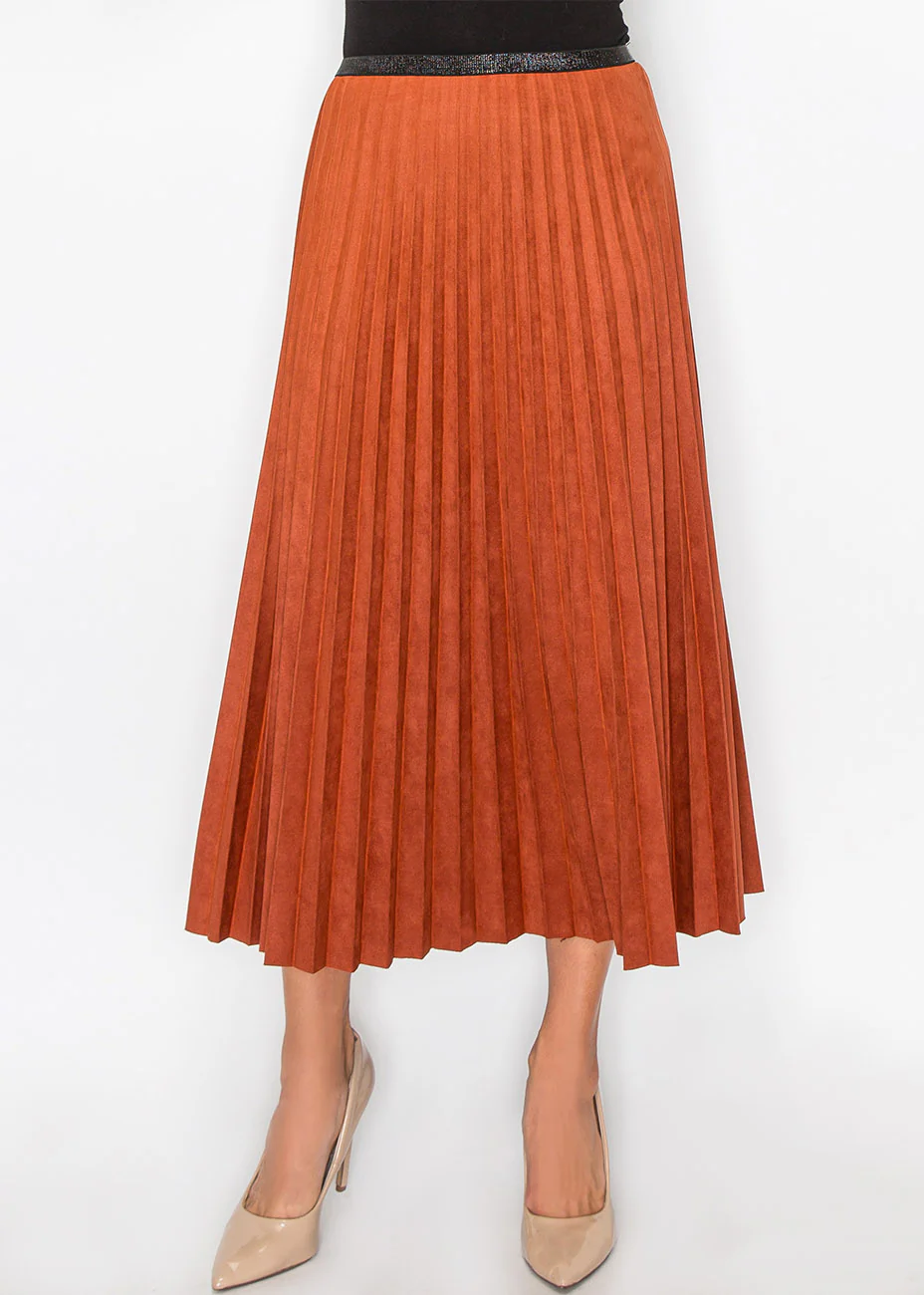 Rust Suede Midi Skirt with Pleats