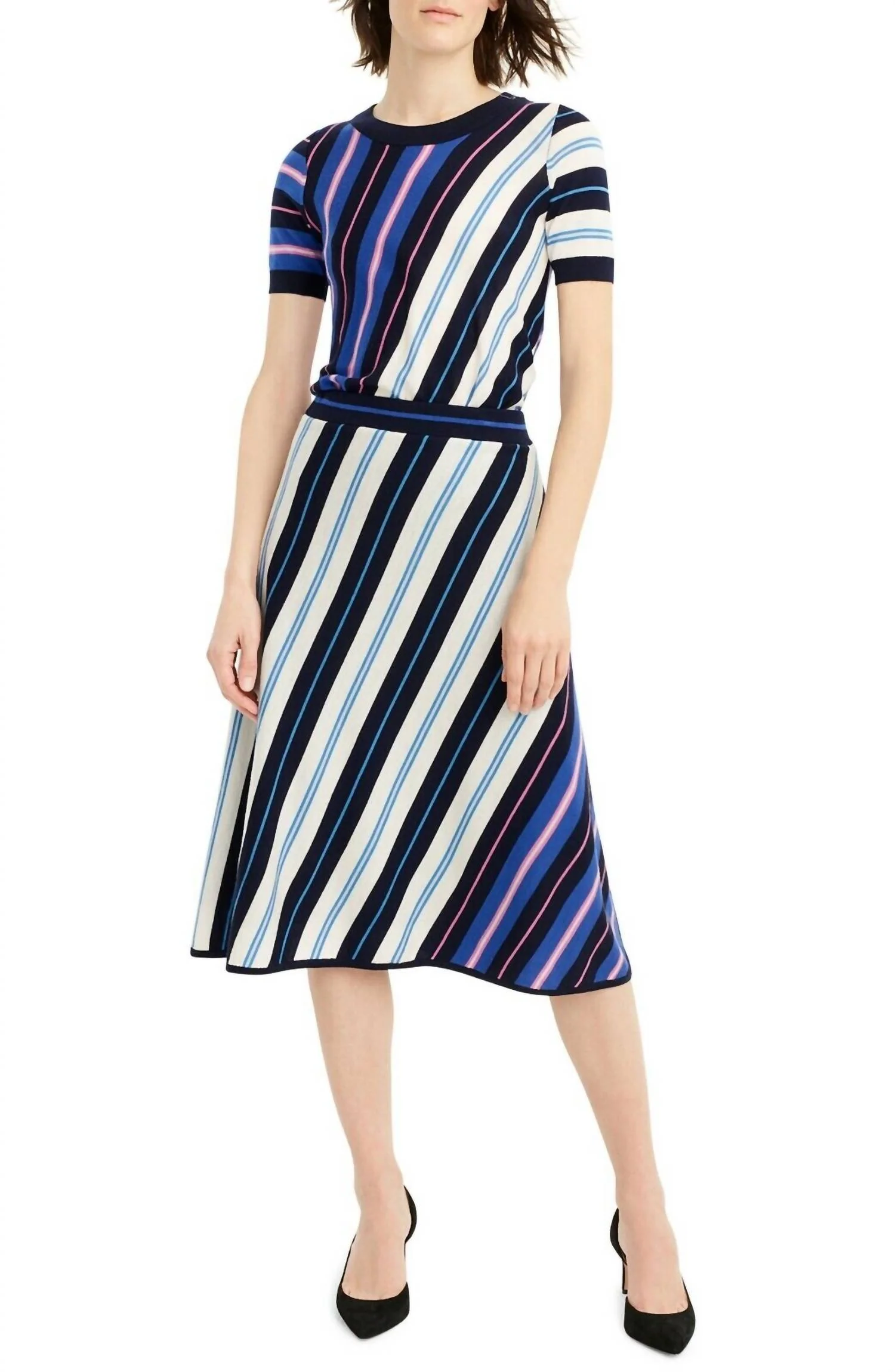 Diagonal Stripe Merino Wool Midi A Line Skirt In Multicolor