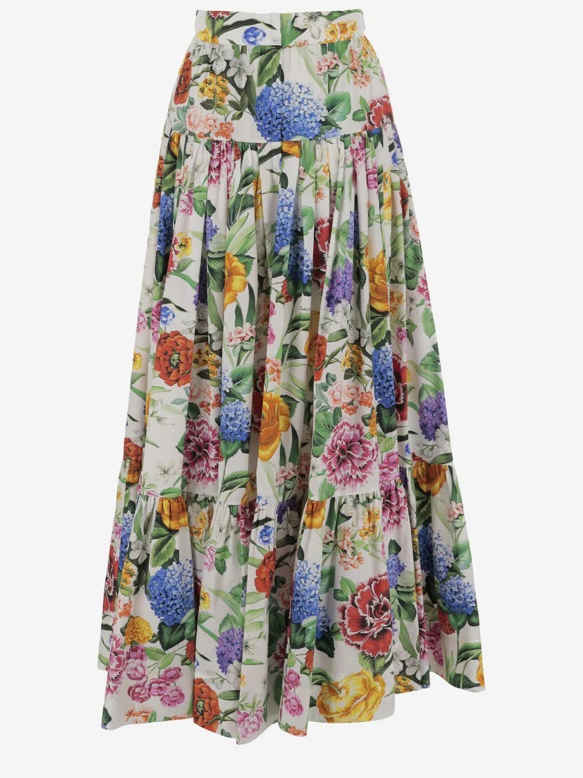 Long Ruffle Skirt In Cotton Poplin With Floral Pattern