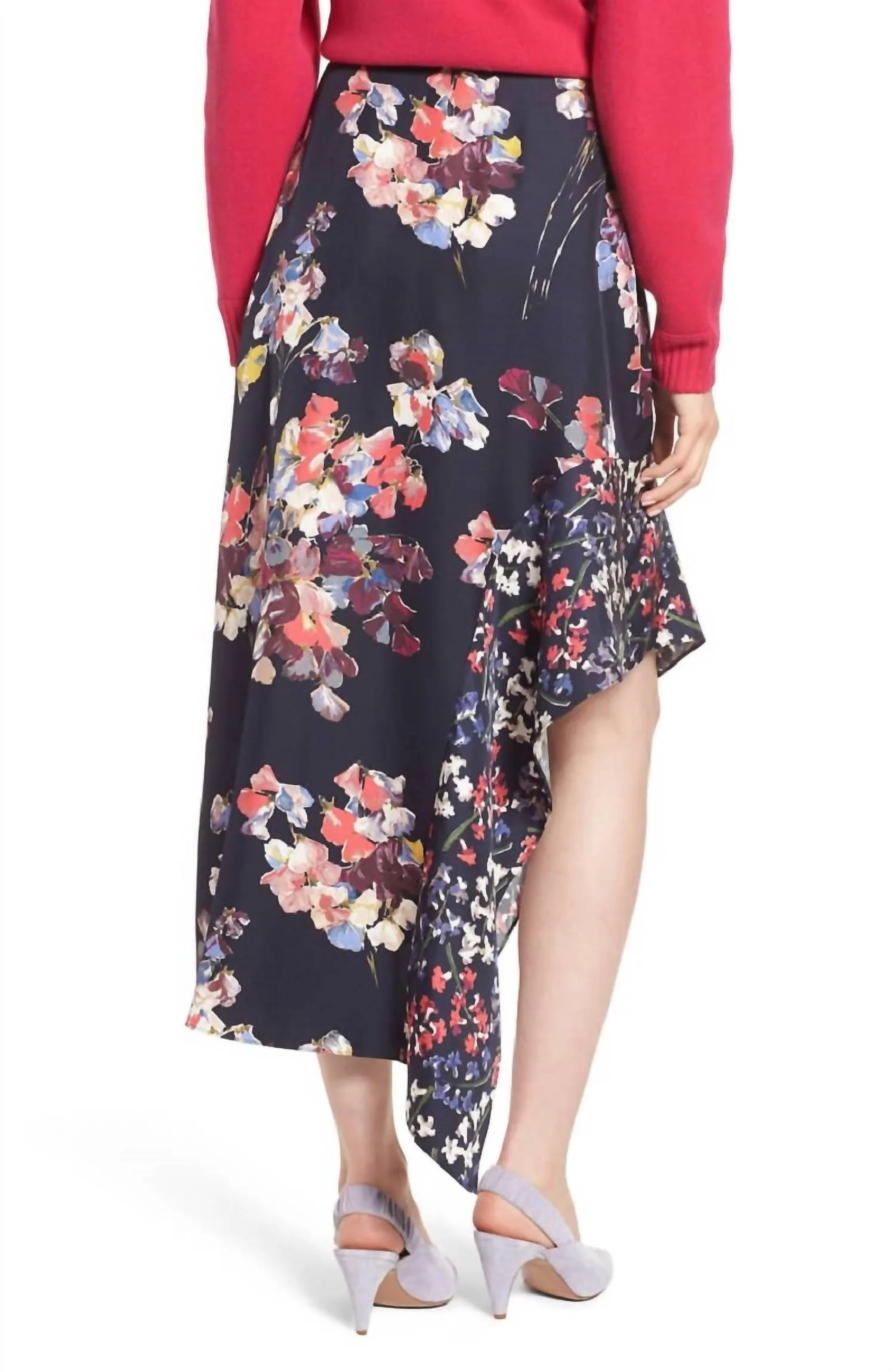 Floral Print High Low Silk Midi Skirt In Navy
