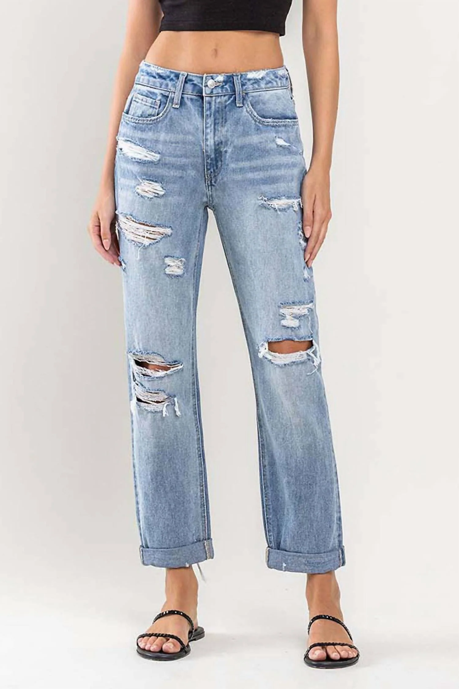 High Rise Cuffed Distressed Rigid Boyfriend Jeans In Medium