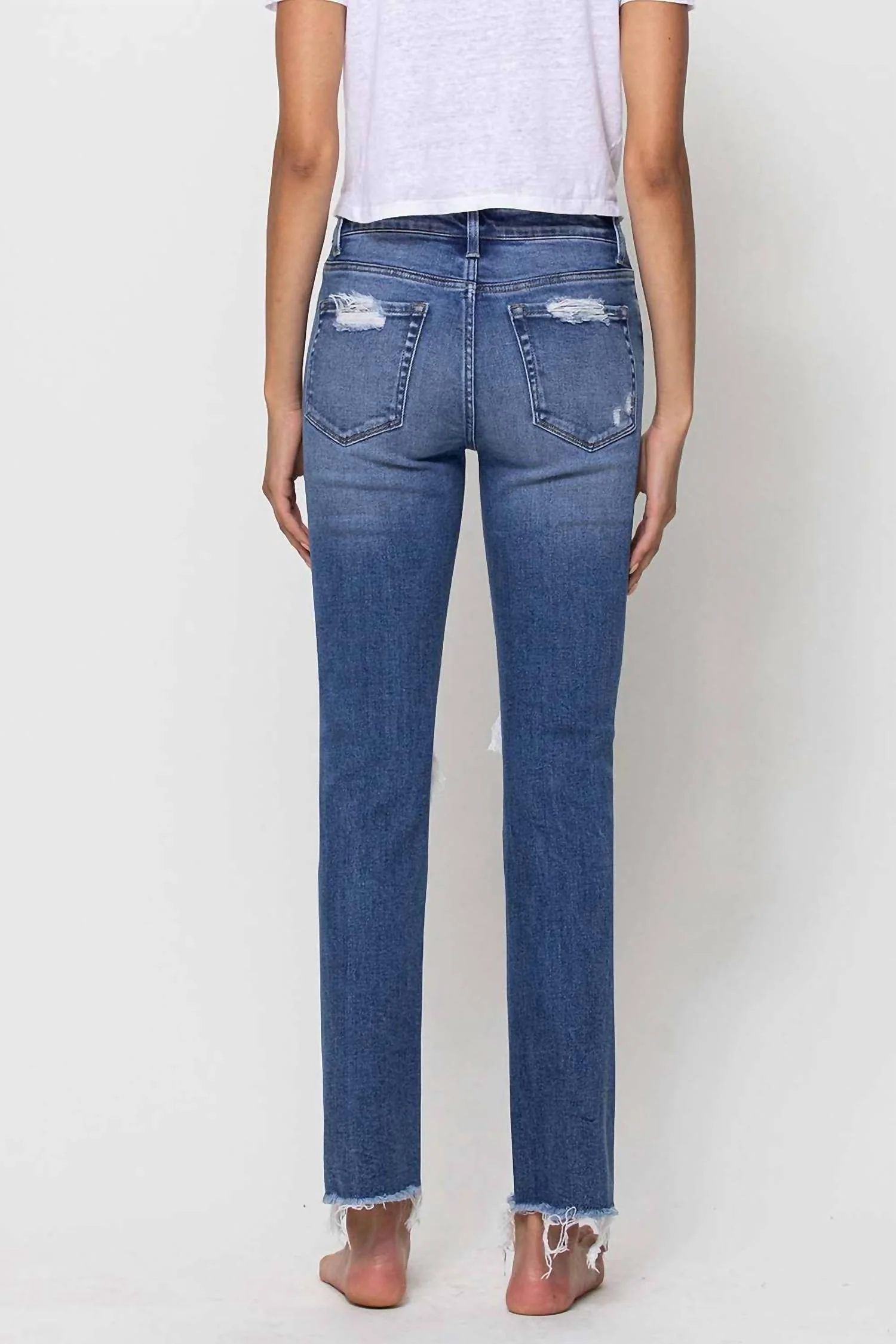 Mid-Rise Destroyed Straight Leg Jean In Medium Wash