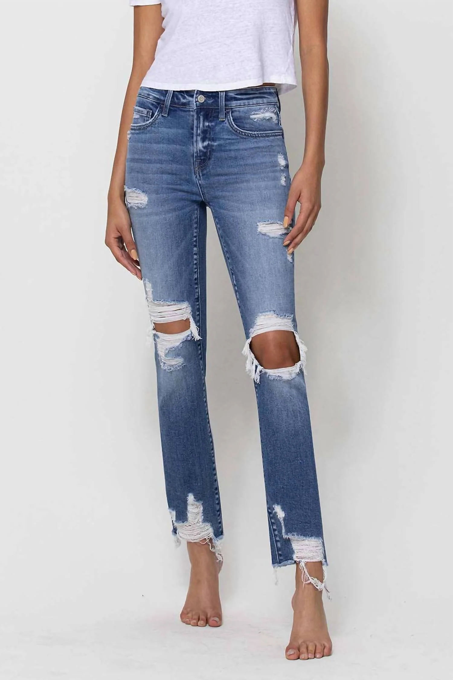 Mid-Rise Destroyed Straight Leg Jean In Medium Wash