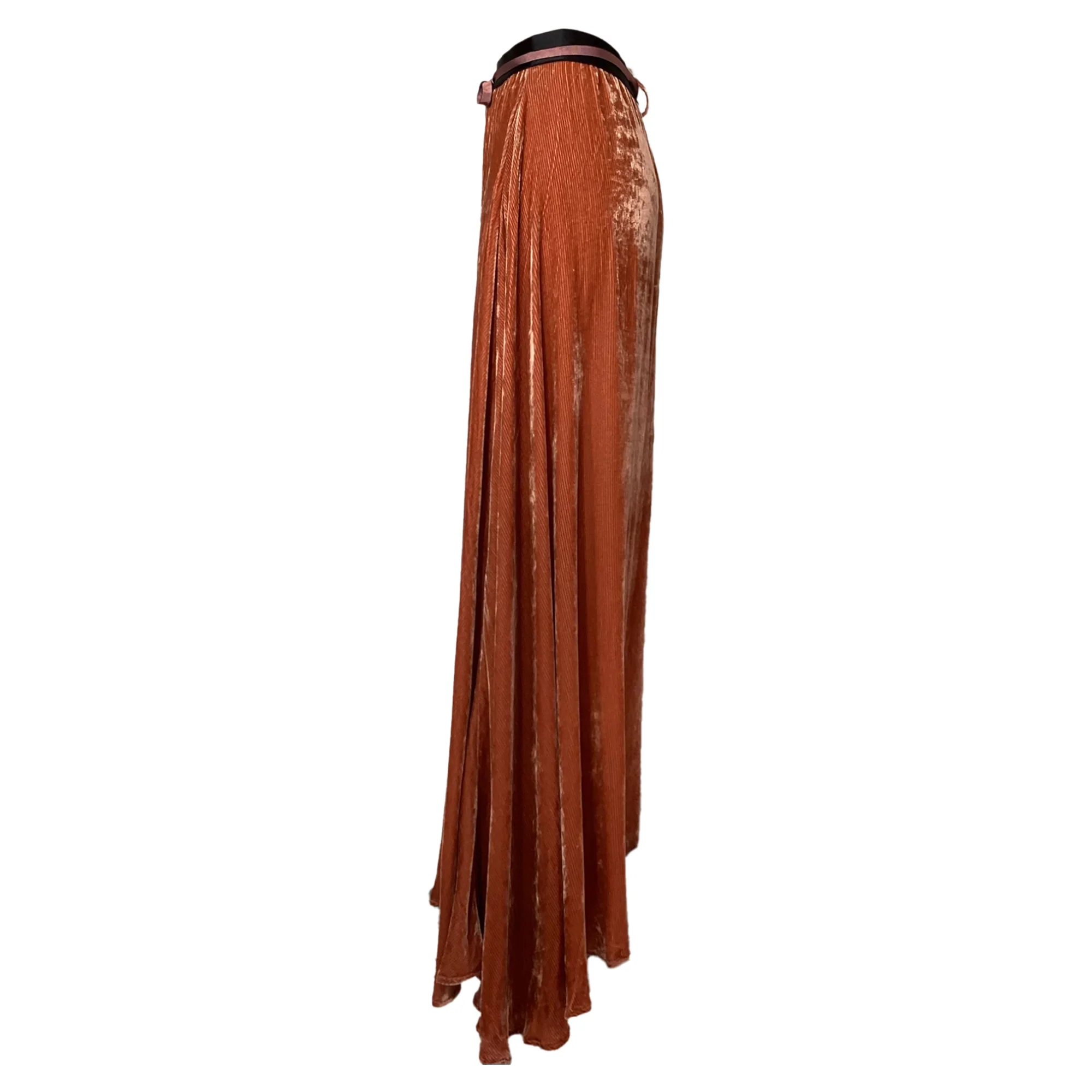 Ann Demeulemeester Ribbed Maxi Skirt with Tasseled Ribbon Belt in Brown Cupro