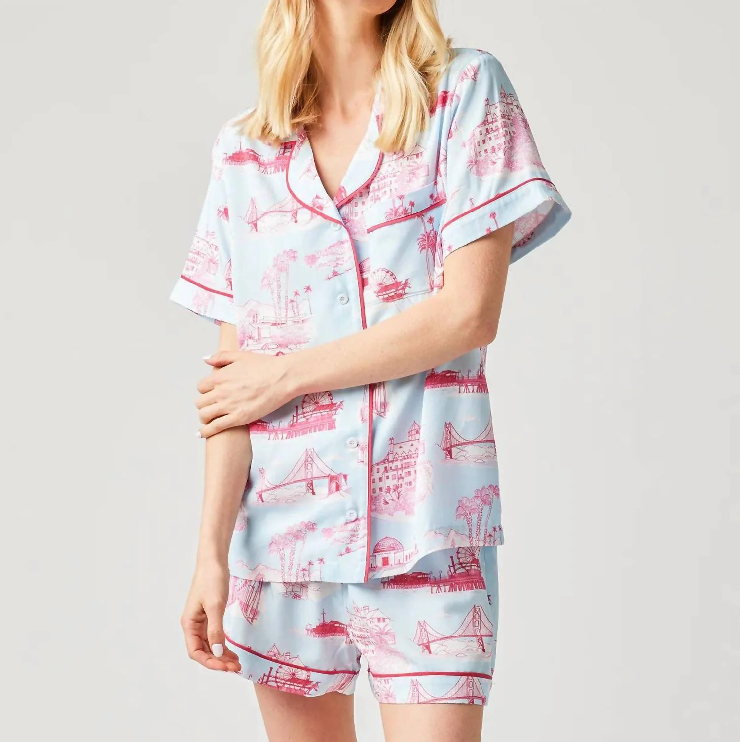 California Toile Pajama Short Set In Light Blue Pink