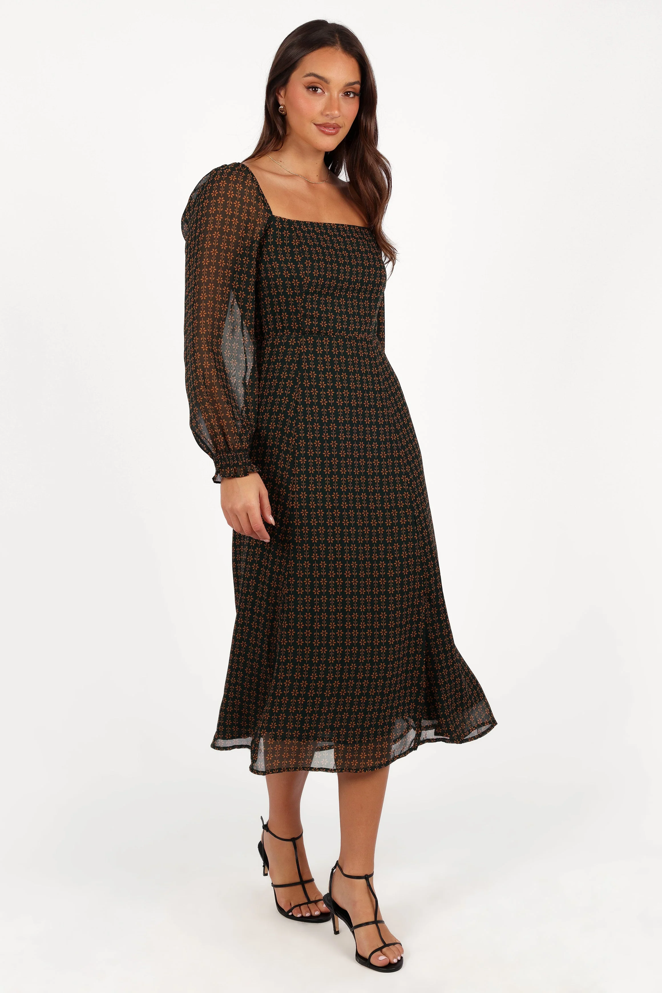 Ettie Long Sleeve Midi Dress - Pine/Tan