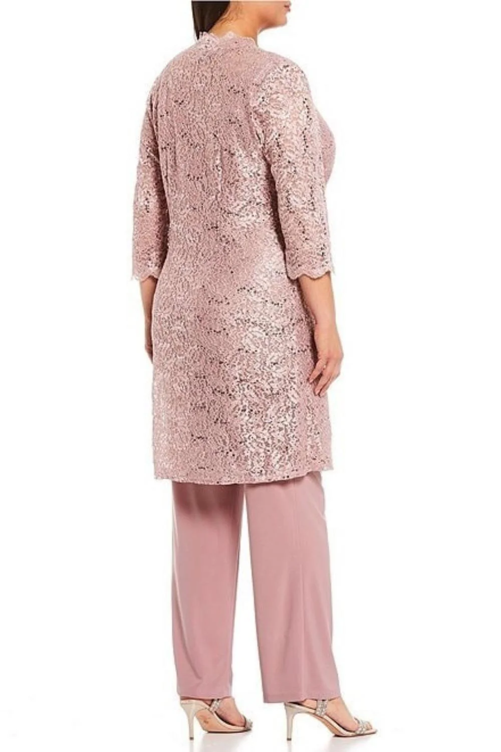 Lace 3/4 Sleeve 3-Piece Pants Set In Mauve
