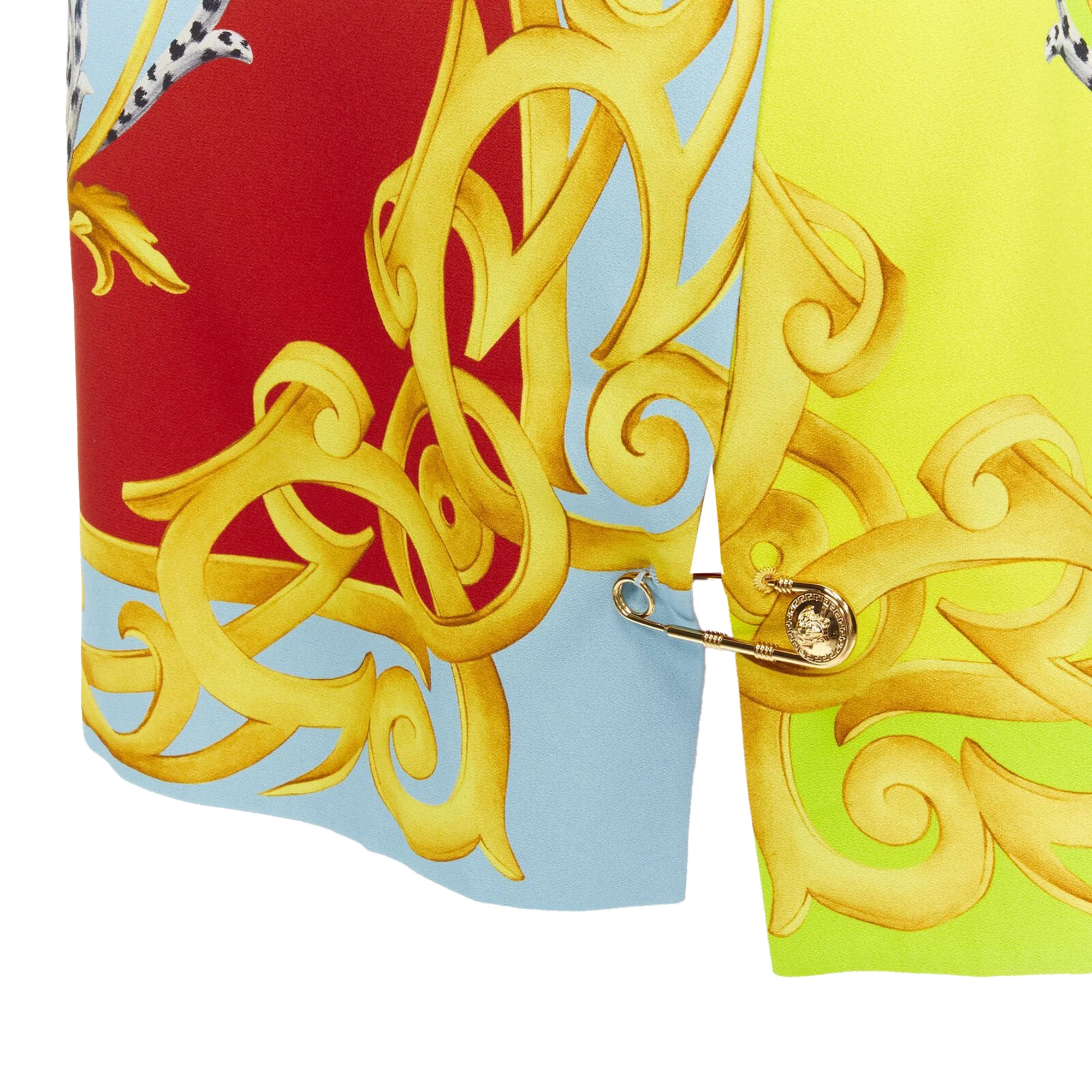 Versace Pop Acantus Barocco g Medusa safety pin slit mini skirt