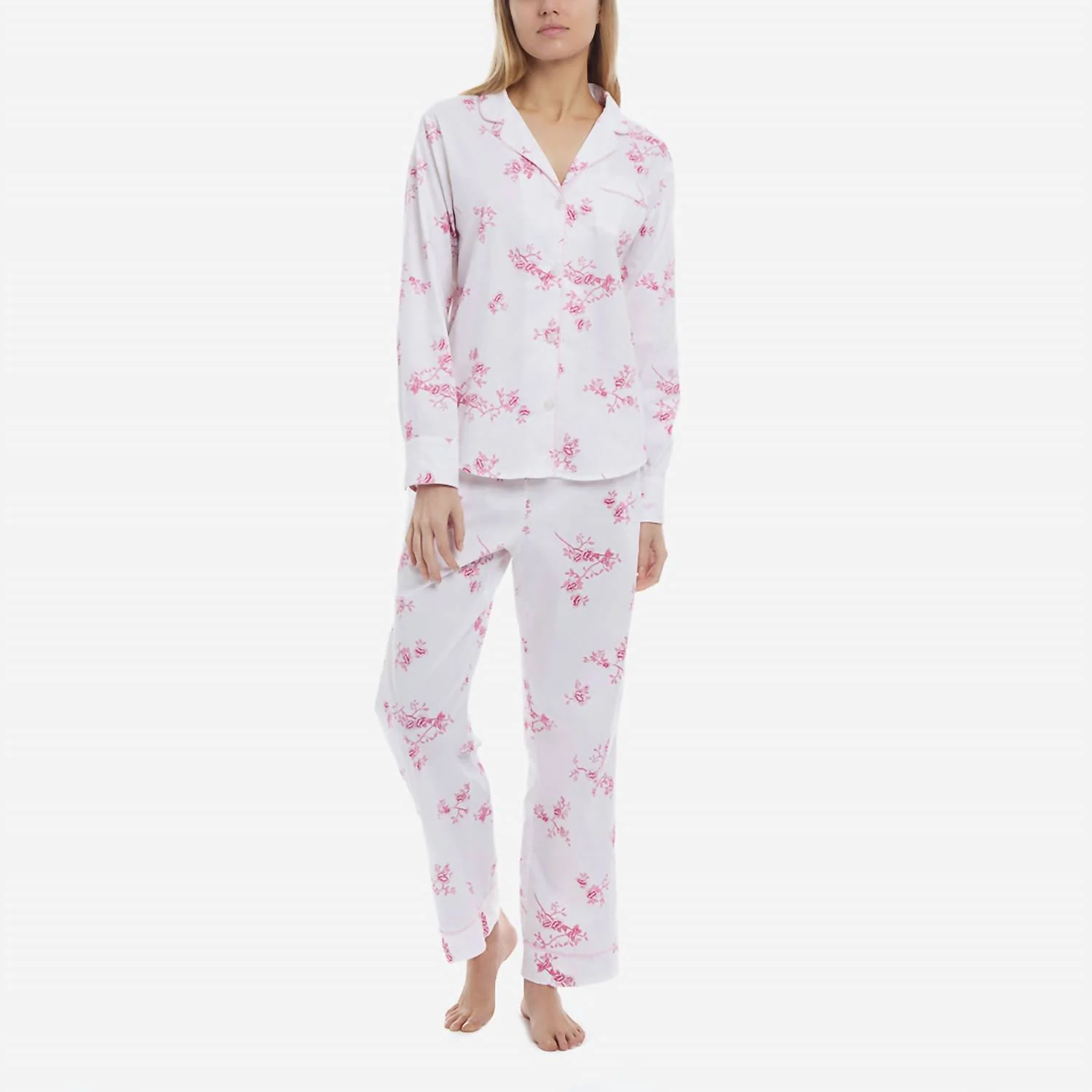 Women's Twill Floral Long Pajama Set In English Rose