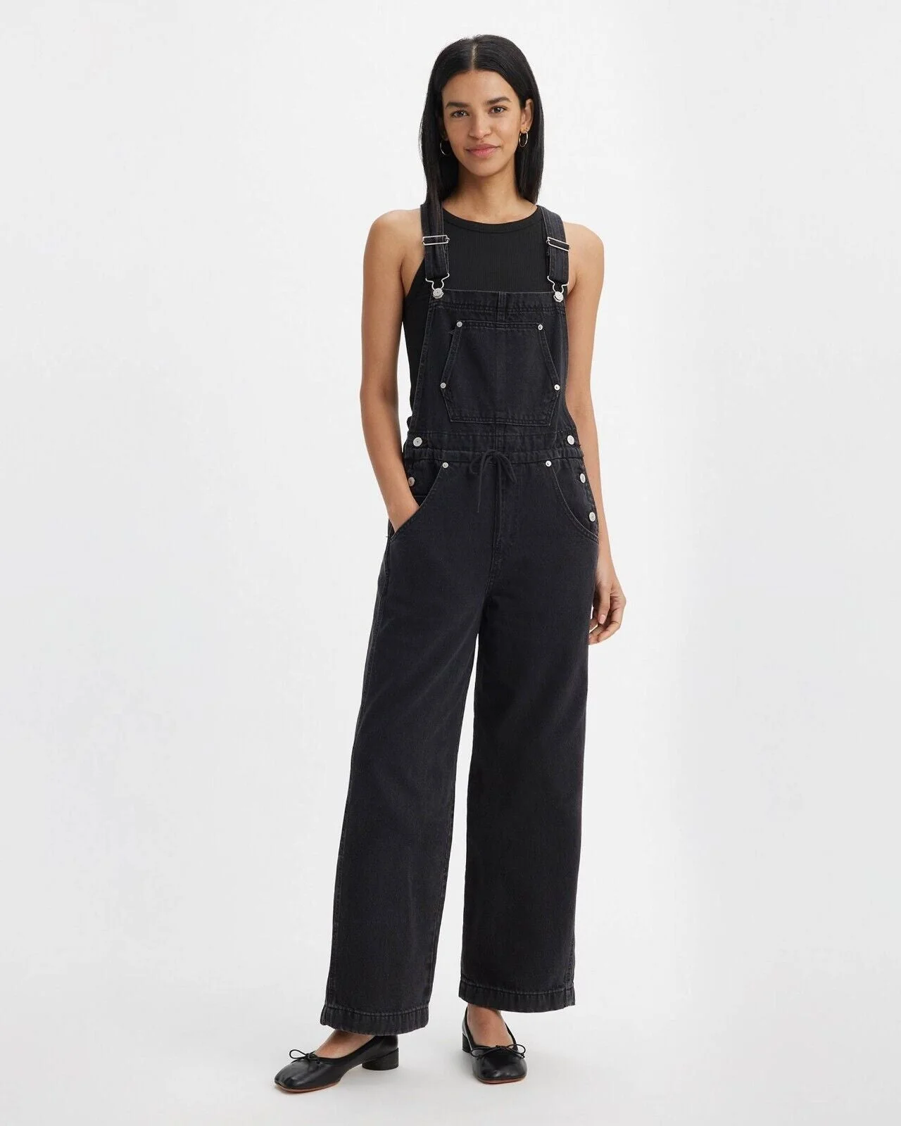 Levi's Apron Overall Women's XS Black Cotton Denim Loose Fit Straight Leg JDM203