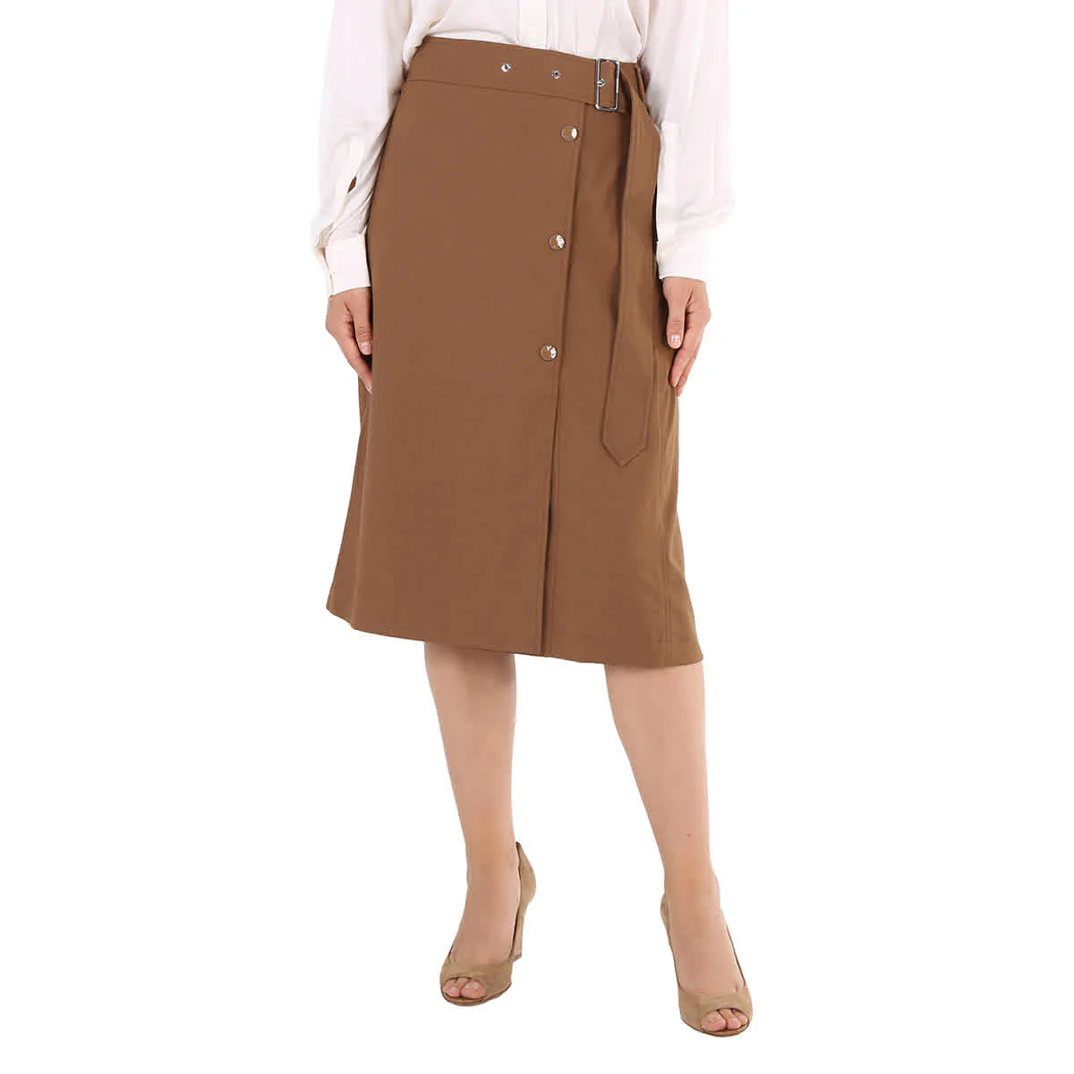 Burberry Ladies Keeley Warm Walnut Belted Mid-Length Skirt