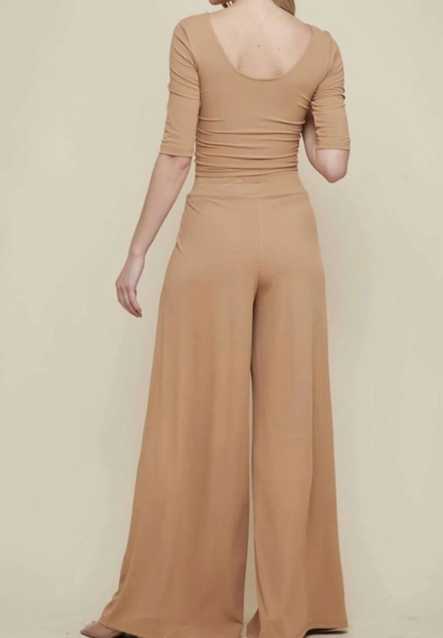 The Heather Set: Quarter Sleeve Ribbed Wide Leg Pant Set In Tan