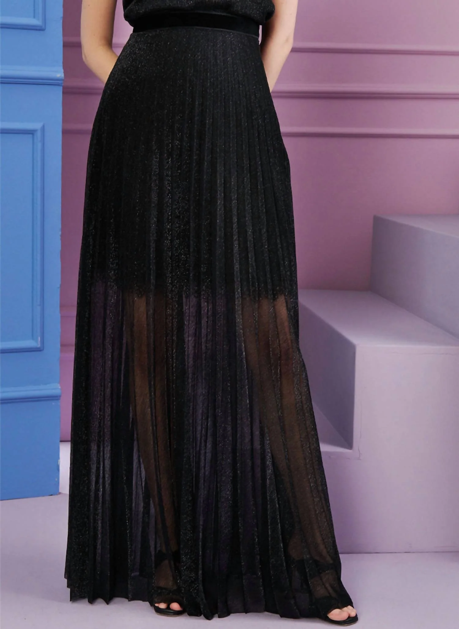 Metallic Pleated Maxi Skirt In Black