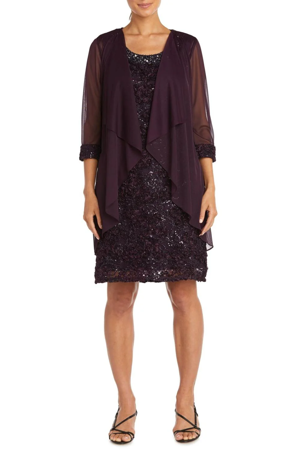 3/4 Sleeve 2-Pc Evening Jacket & Dress Set In Plum