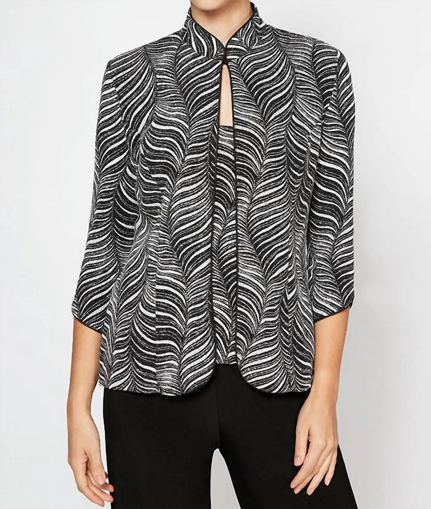 Waves Glitter Printed Twinset With Mandarin Neck Jacket And Scoop Neck Tank In Black White