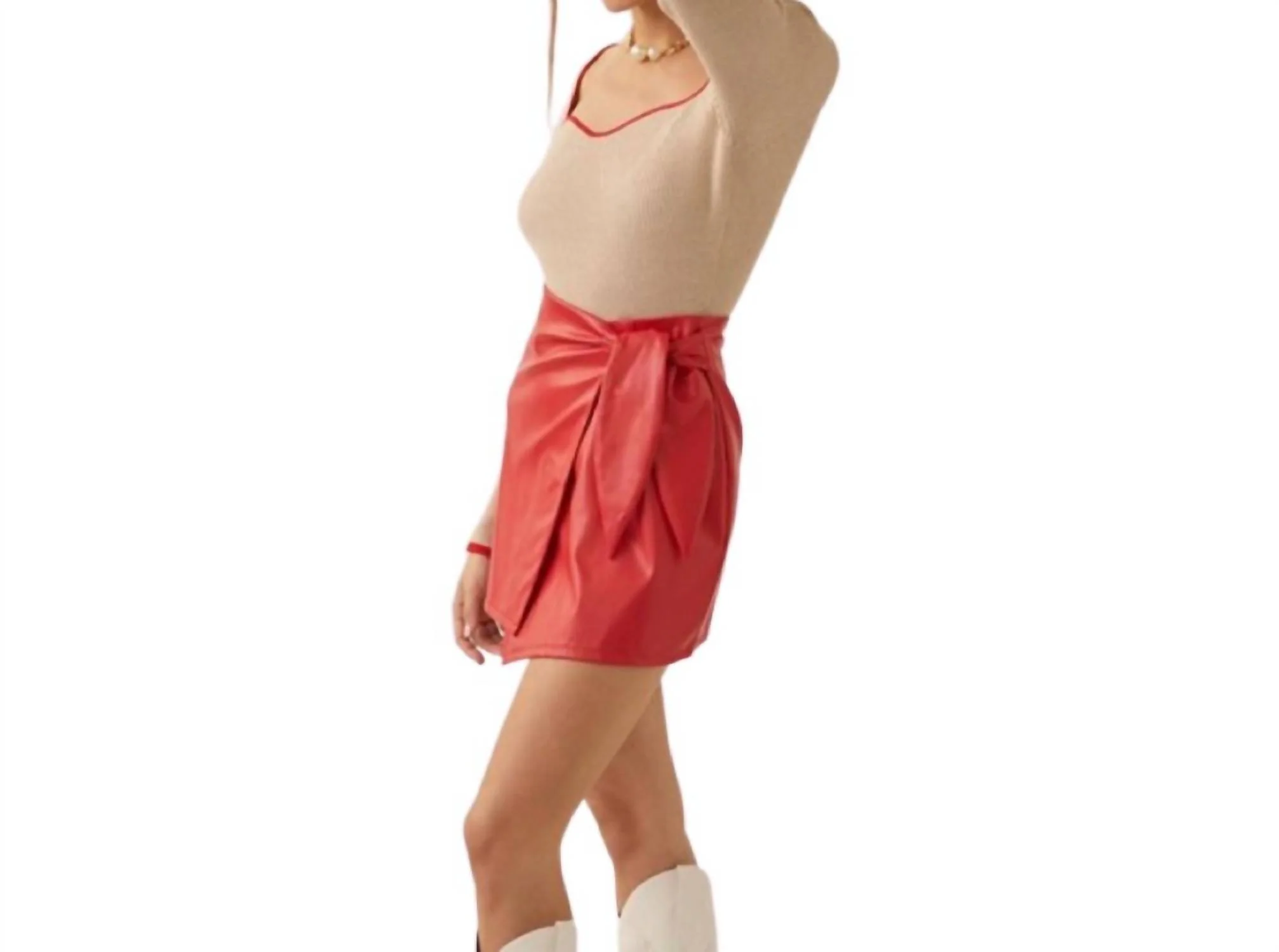 Vegan Leather Crossover Tie Mini Skirt In Red