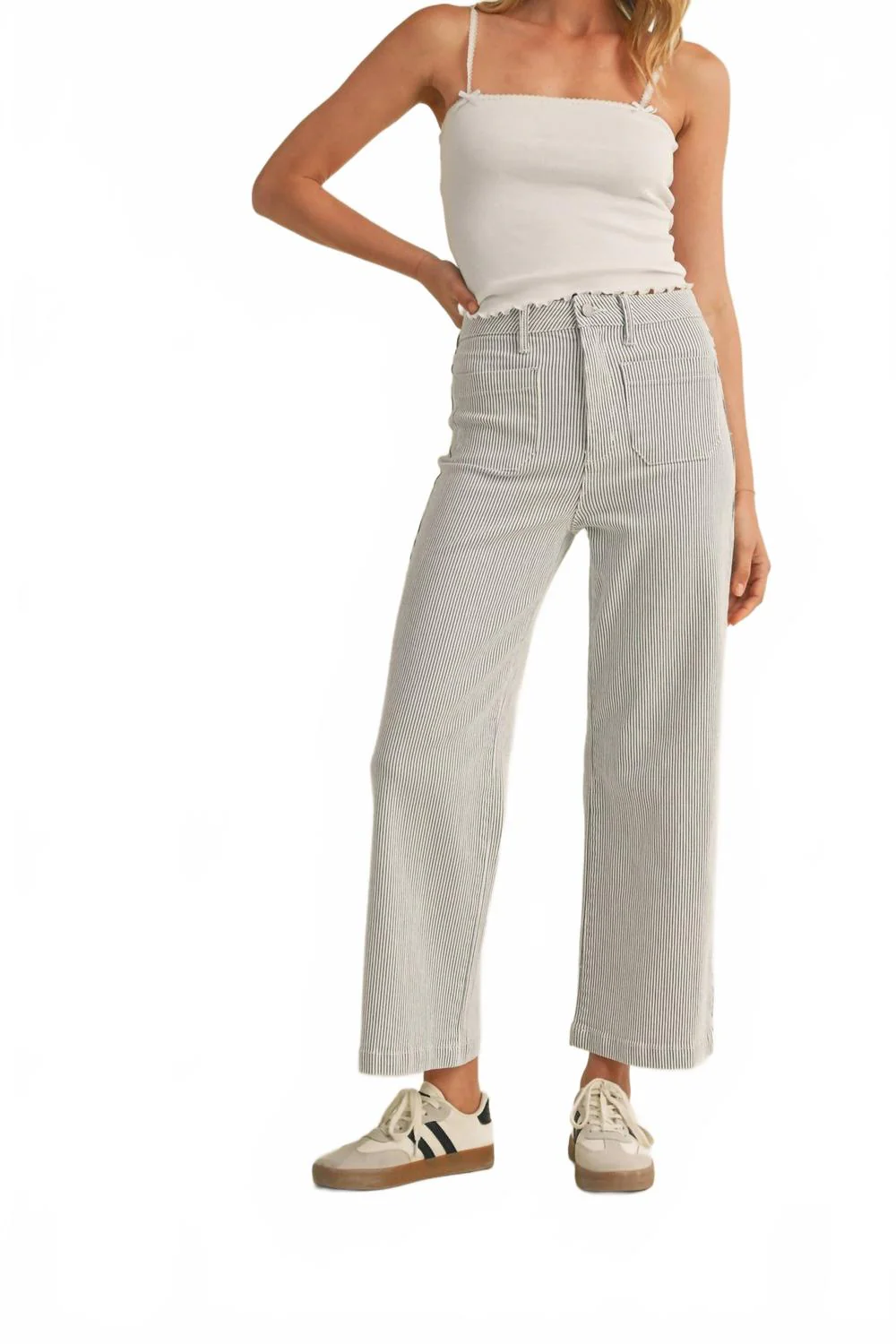 Patch Pocket Wide Leg Stripe Jeans In Striped