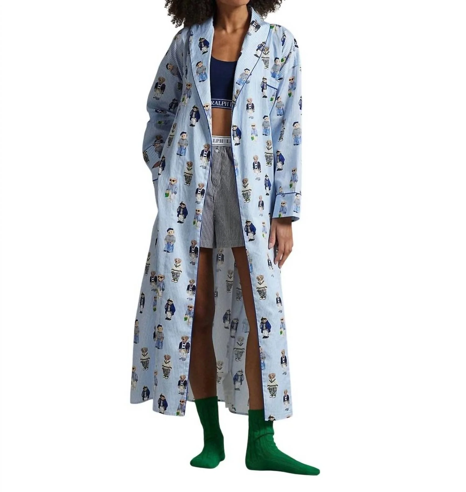 Bear Cotton Robe In Oxford Blue