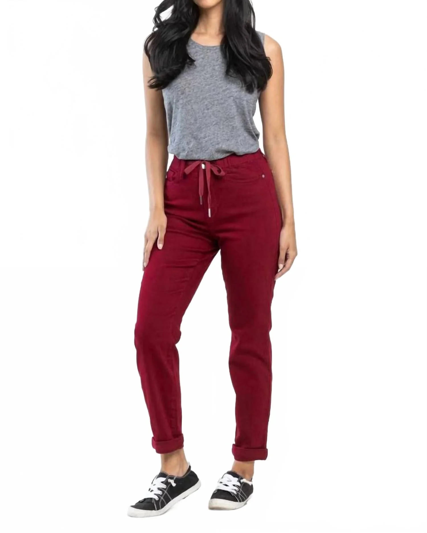 High Waist Pull On Double Cuff Jogger In Scarlett