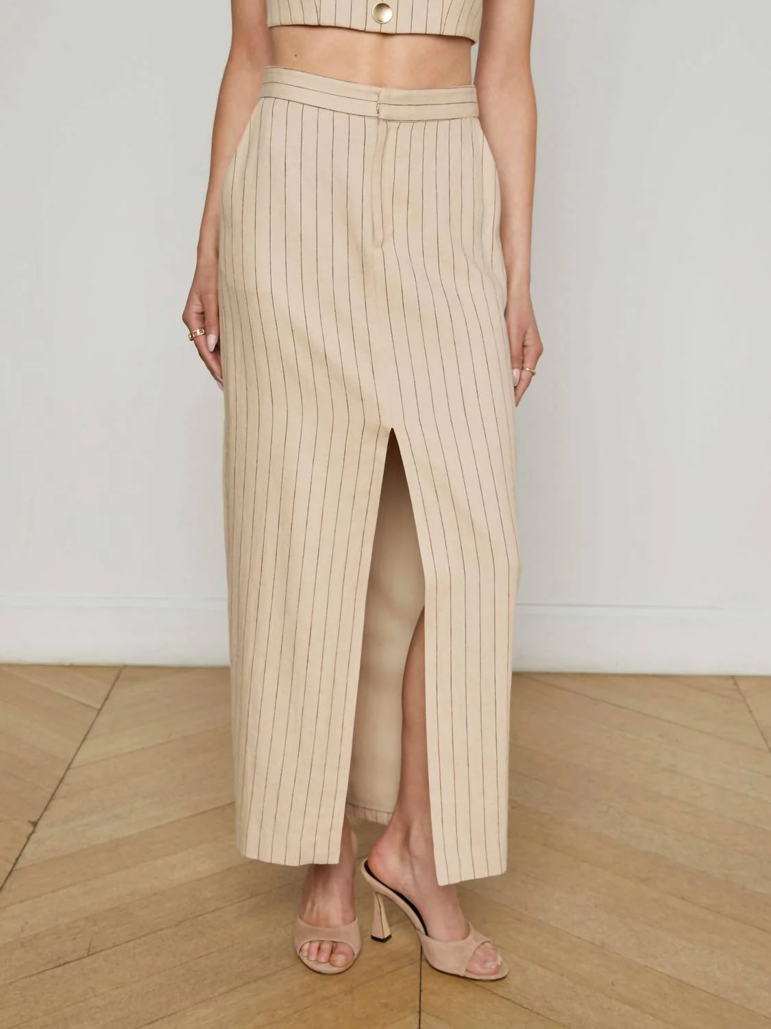 Maceline Pinstriped Maxi Skirt In Tan/brown Pinstripe