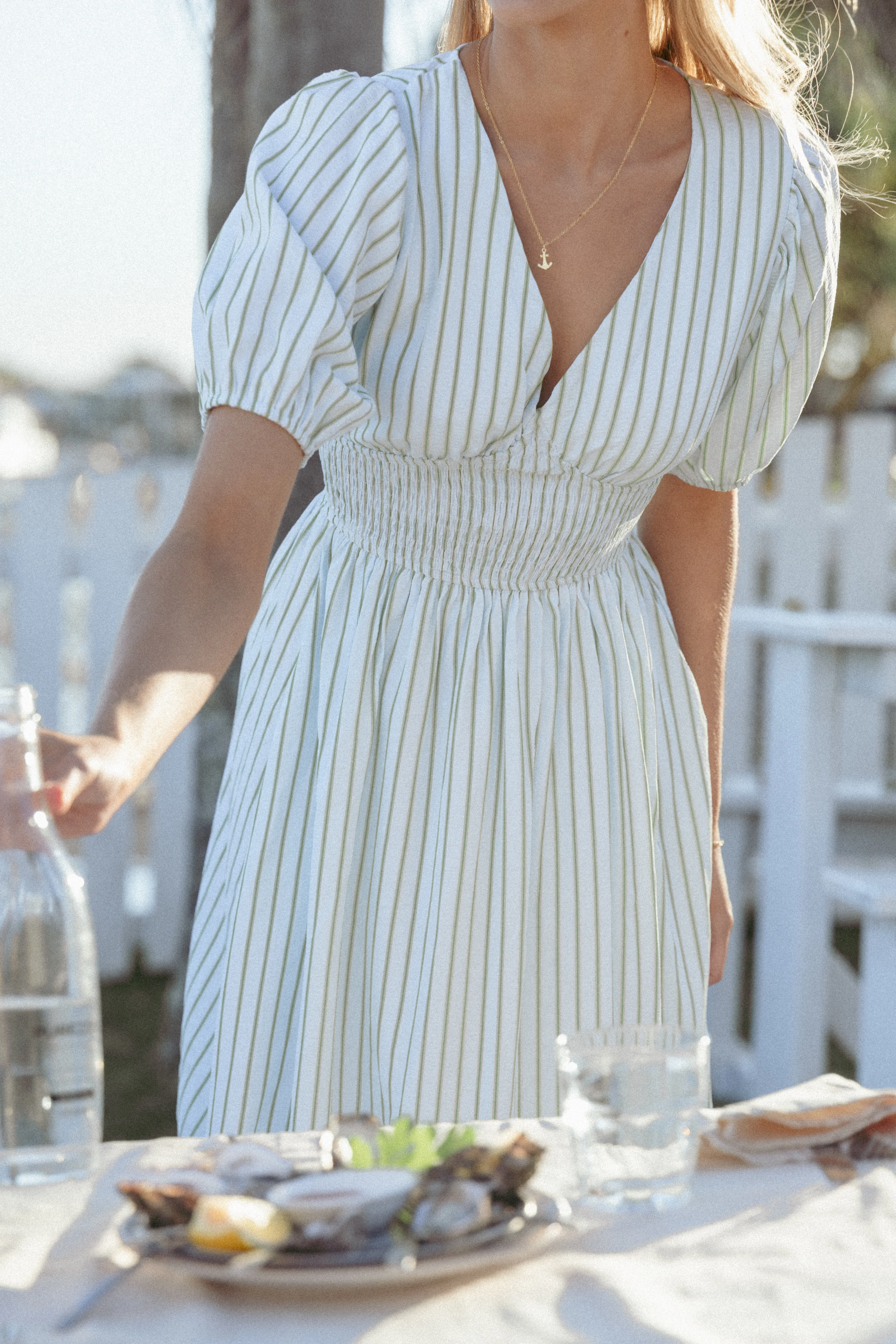 Ronnie Short Sleeve Midi Dress - Green Blue Stripe