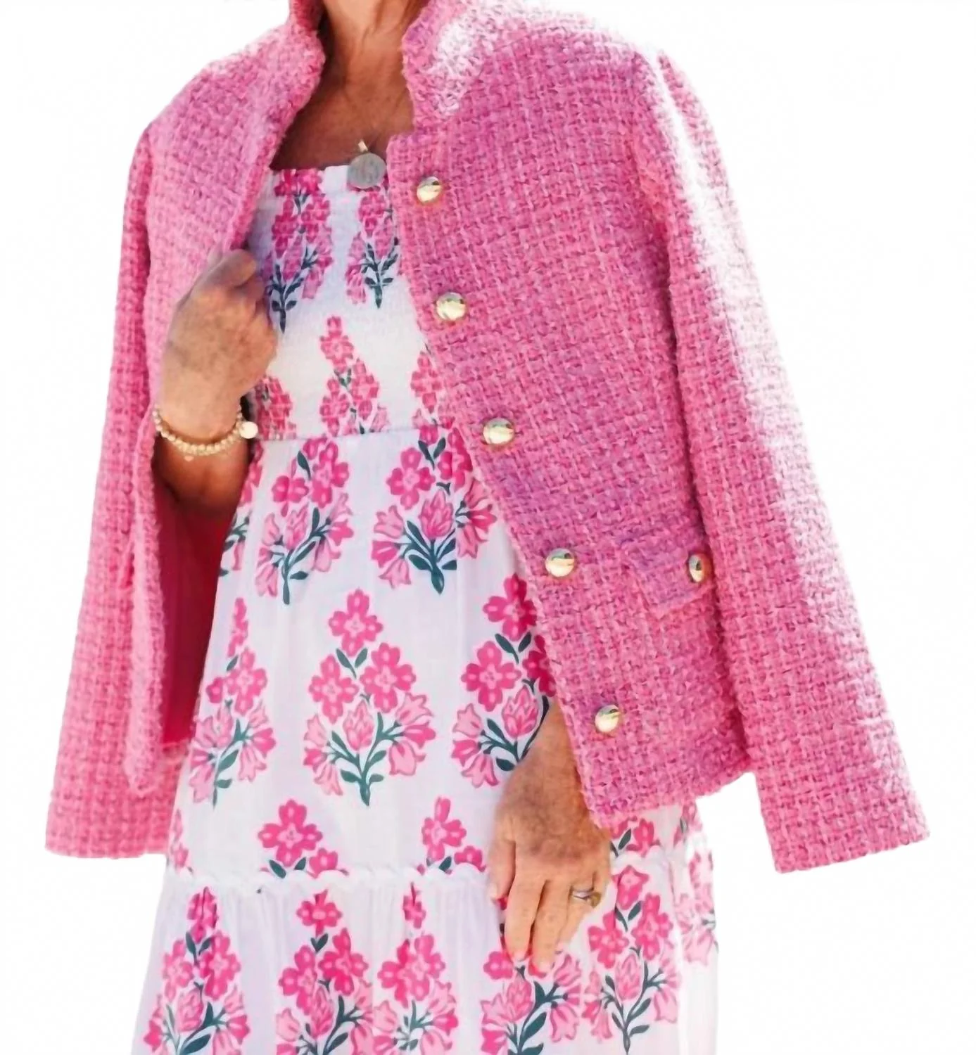 Niki Button Front Blazer In Pink Tweed
