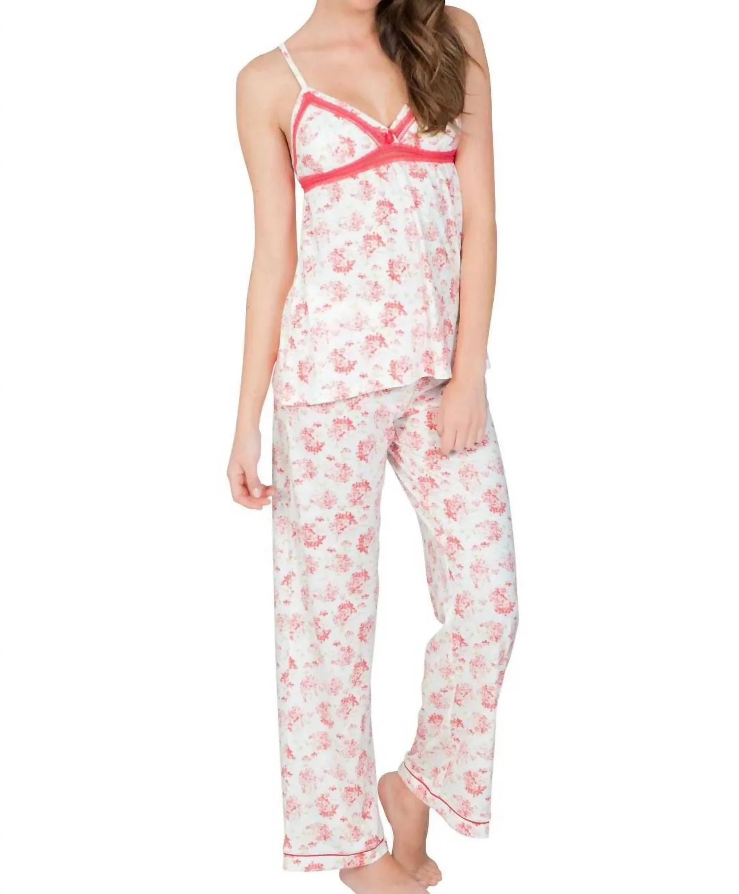 Elizabeth Spaghetti Strap Camisole Pajama Set In Red Hydrangeas