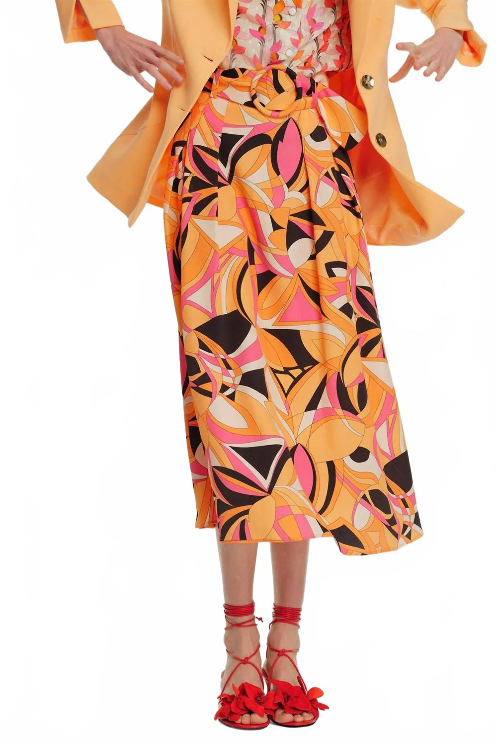 Abstract Print Belted Midi Skirt In Original Print