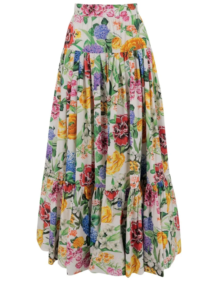 Long Ruffle Skirt In Cotton Poplin With Floral Pattern