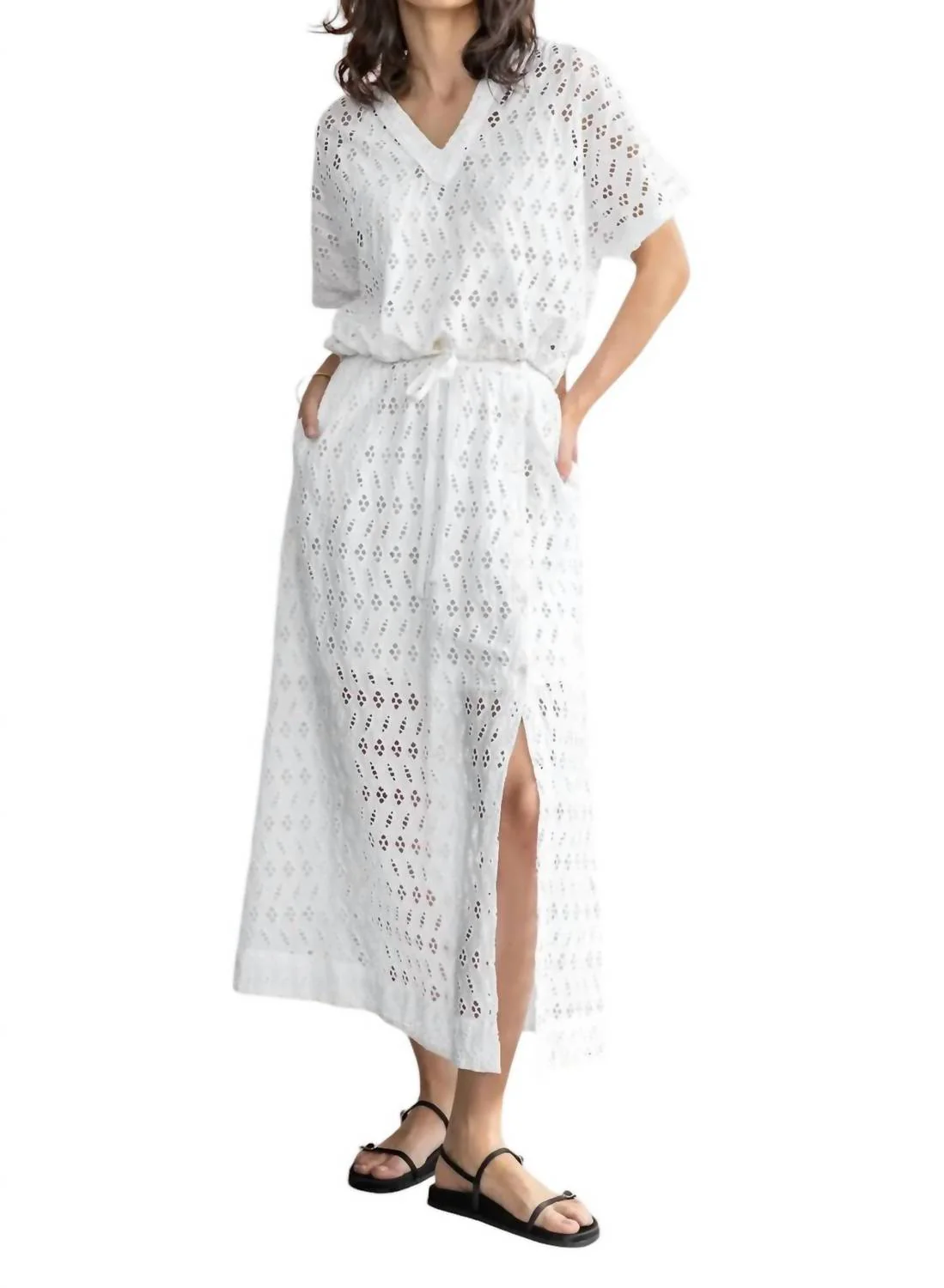 Eyelet Side Button Maxi Skirt In White