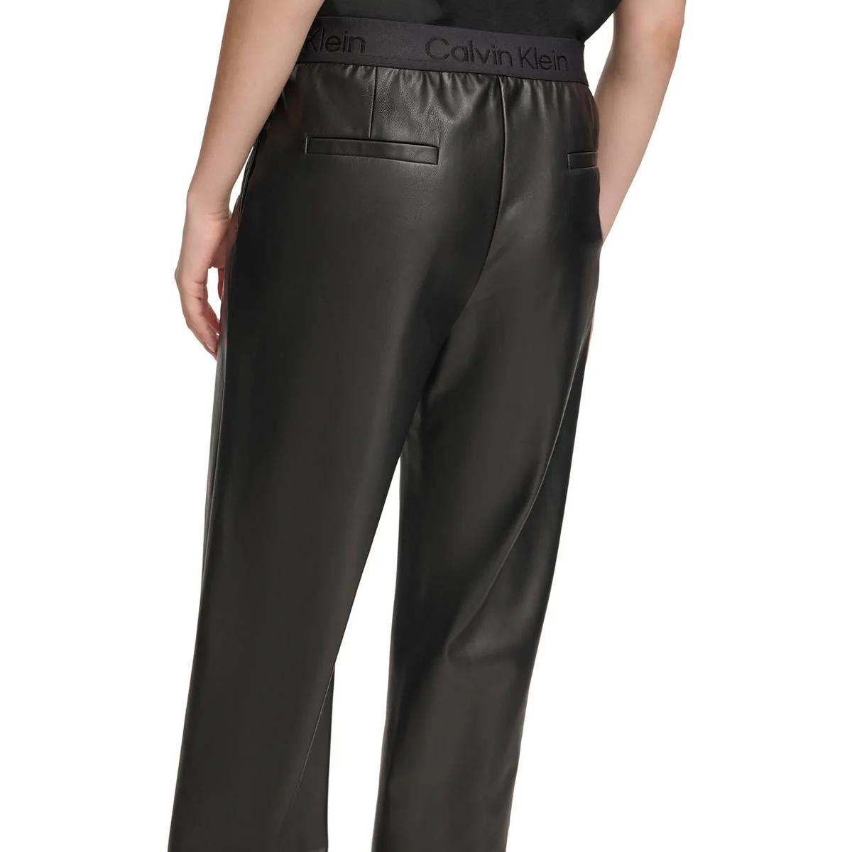 Womens Faux Leather Banded Waist Straight Leg Pants