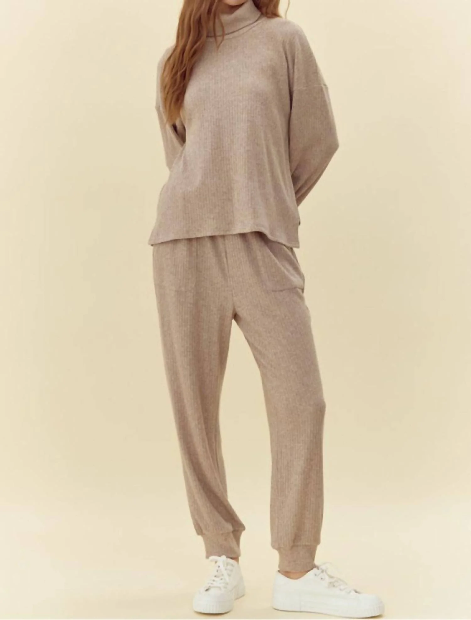 Ribbed Loose Fit Lounge Set In Oatmeal