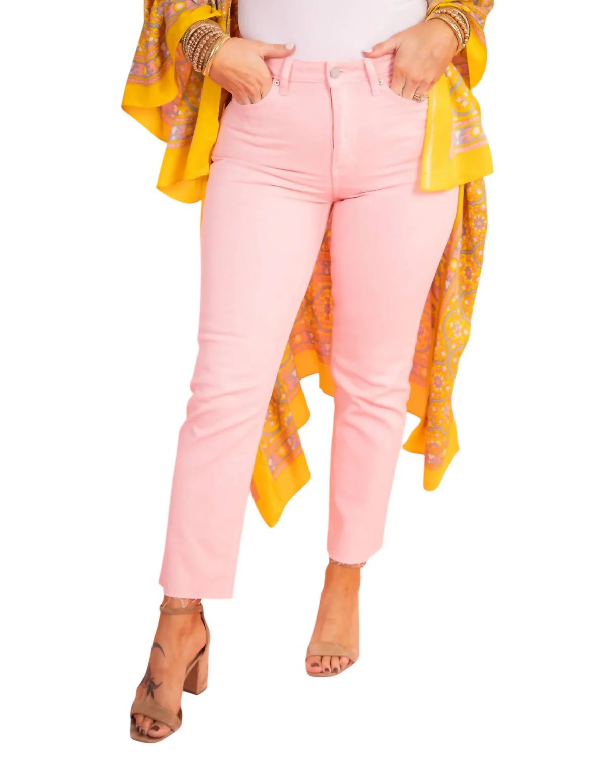 Cut Off Cropped Straight Leg Jeans In Pink Lemonade