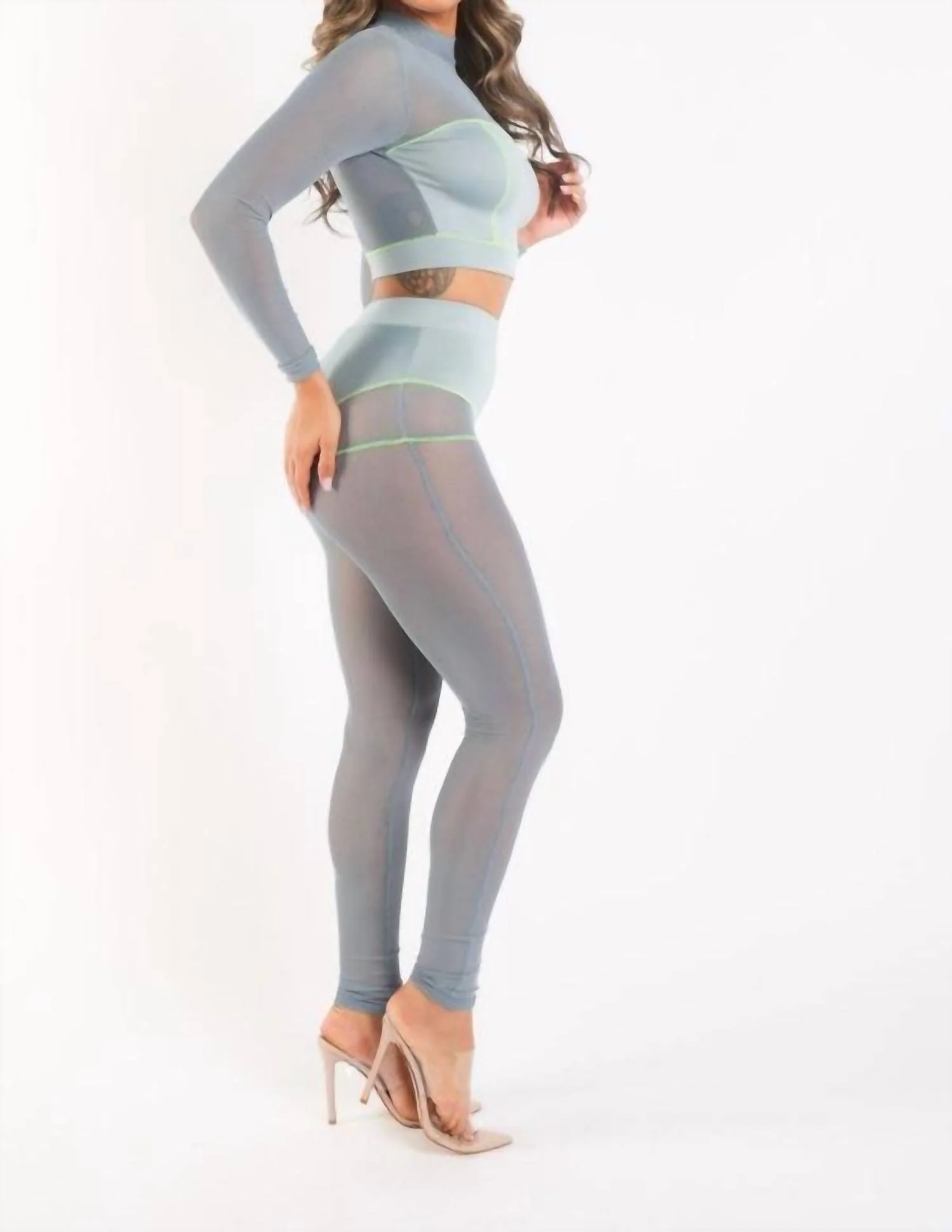 Mesh Mockneck Top And Pants Day Set In Gray